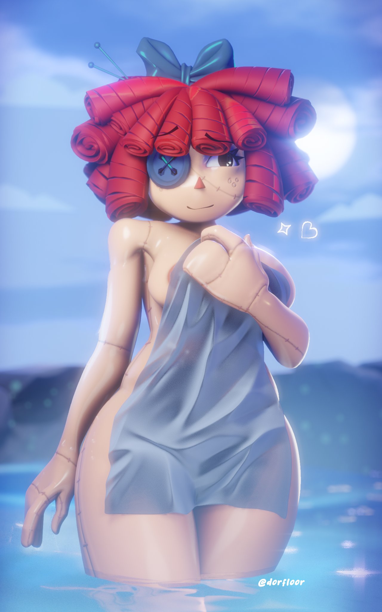 areolae, areolae peeking, bow, breasts, button eye, completely nude female, doll girl, dorfloor3, dotflare, freckles, freckles on face, glitch productions, gooseworx, hand on breast, heart symbol, hips, lake, ragatha, ragatha (dorfloor3), ragatha (tadc), ragatha (the amazing digital circus), ragdoll, red hair, red-haired female, solo, standing in water, stitches, tagme, the amazing digital circus, towel, towel only, triangle nose, wide hips