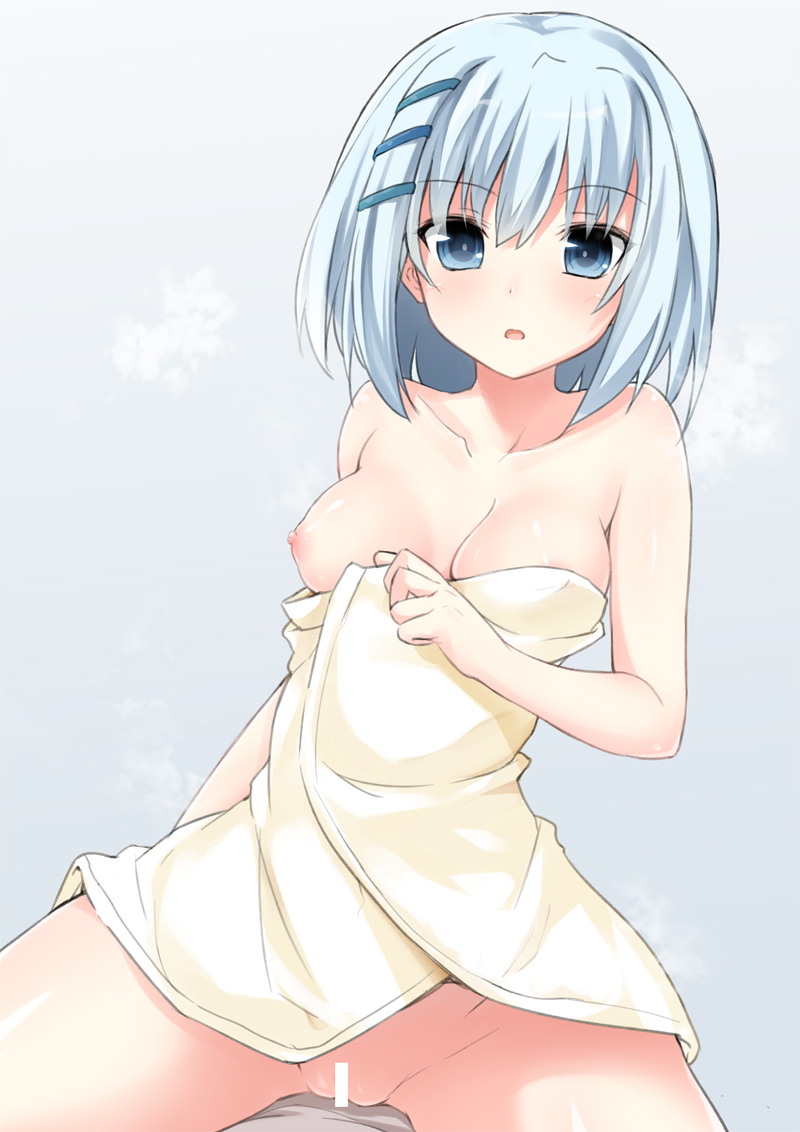 bar_censor blue_eyes blue_hair breasts censor_bar censored cleavage date_a_live female groin hair_ribbon matching_hair/eyes mound_of_venus naked_towel nipples nude oozora_itsuki pussy ribbon short_hair solo tobiichi_origami towel