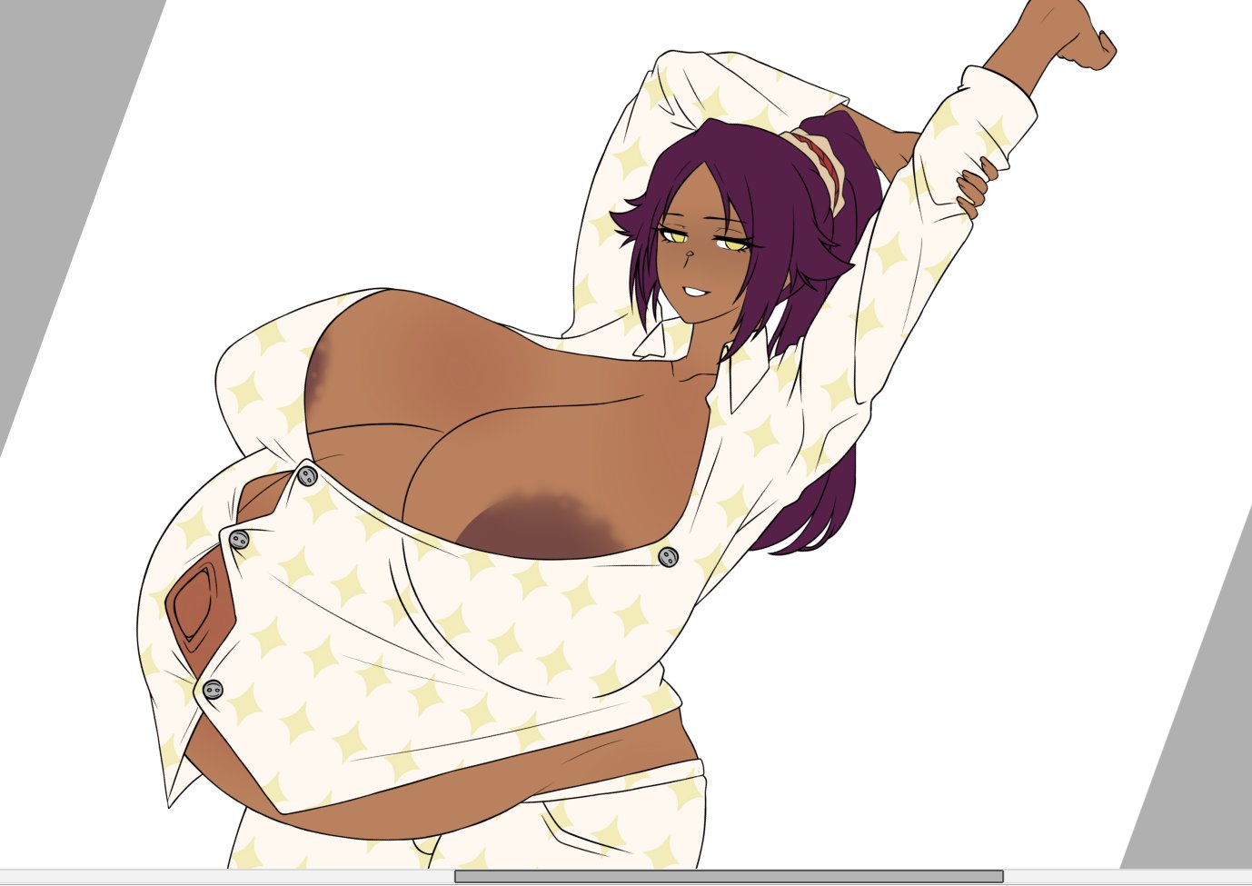 arms up, belly overhang, big areola, big breasts, bleach, breasts, breasts bigger than head, dark skin, dark-skinned female, female, female focus, female only, gigantic breasts, huge breasts, long hair, nccyumico, on bed, peeking out, pijama, pregnant, pregnant belly, pregnant female, purple hair, revealing clothes, shihouin yoruichi, simple background, solo, solo female, solo focus, streching, stretched clothing, stretching, top heavy, unfinished, white background, wip, yellow eyes, yoruichi shihouin