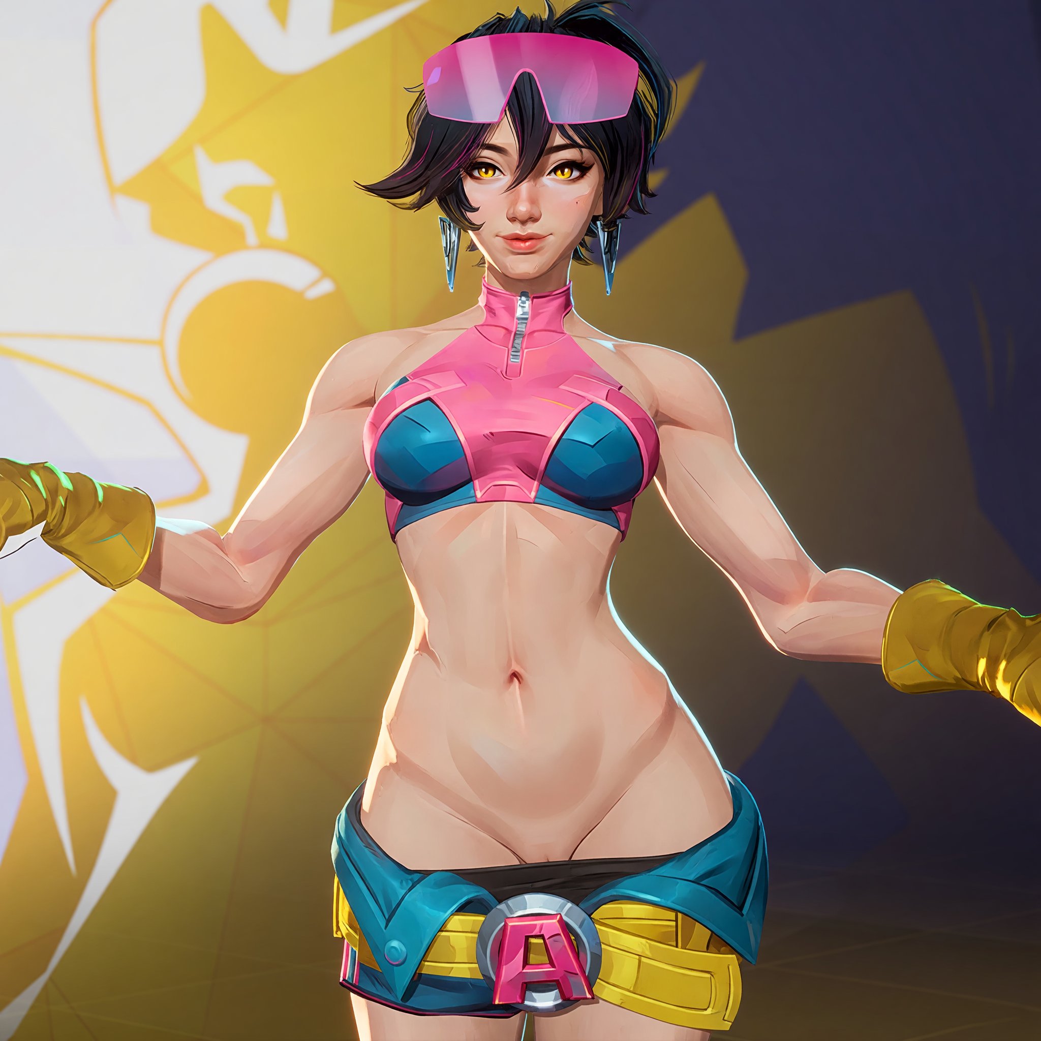 1girls, 3d, artist name, artist request, asian, asian female, belly button, black hair, child bearing hips, chinese female, curvy, exposed midriff, female, female focus, female only, glossy skin, highres, hourglass figure, hourglass figured female, jubilation lee, jubilee, jubilee (marvel rivals), looking at viewer, marvel, marvel comics, marvel rivals, midriff, midriff exposed, midriff focus, mutant (marvel), navel, pants down, seductive smile, shiny skin, short hair, slim waist, smirk, solo, sweat, sweatdrop, sweating, sweaty body, tomboy, toned abs, toned female, tummy, wide hips, woman focus, x-men