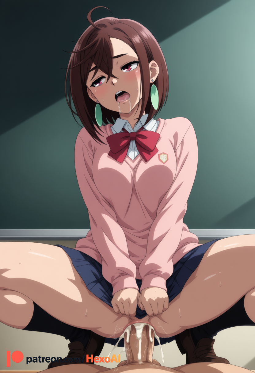 1boy 1girl ahoge ai_generated artist_name ayase_momo blue_skirt blush bow bowtie breasts brown_hair cardigan clothed_female_nude_male clothed_sex collared_shirt colored_inner_hair cum cum_in_pussy dandadan earrings girl_on_top glasses hetero hexogen jewelry large_breasts long_sleeves momo_ayase mosaic_censoring multicolored_hair open_mouth over-rim_eyewear patreon_username penis pink_sweater pleated_skirt pov red_bow red_bowtie school_uniform sex shirt short_hair skirt socks solo_focus spread_legs squatting straddling sweat sweater teeth two-tone_hair vaginal