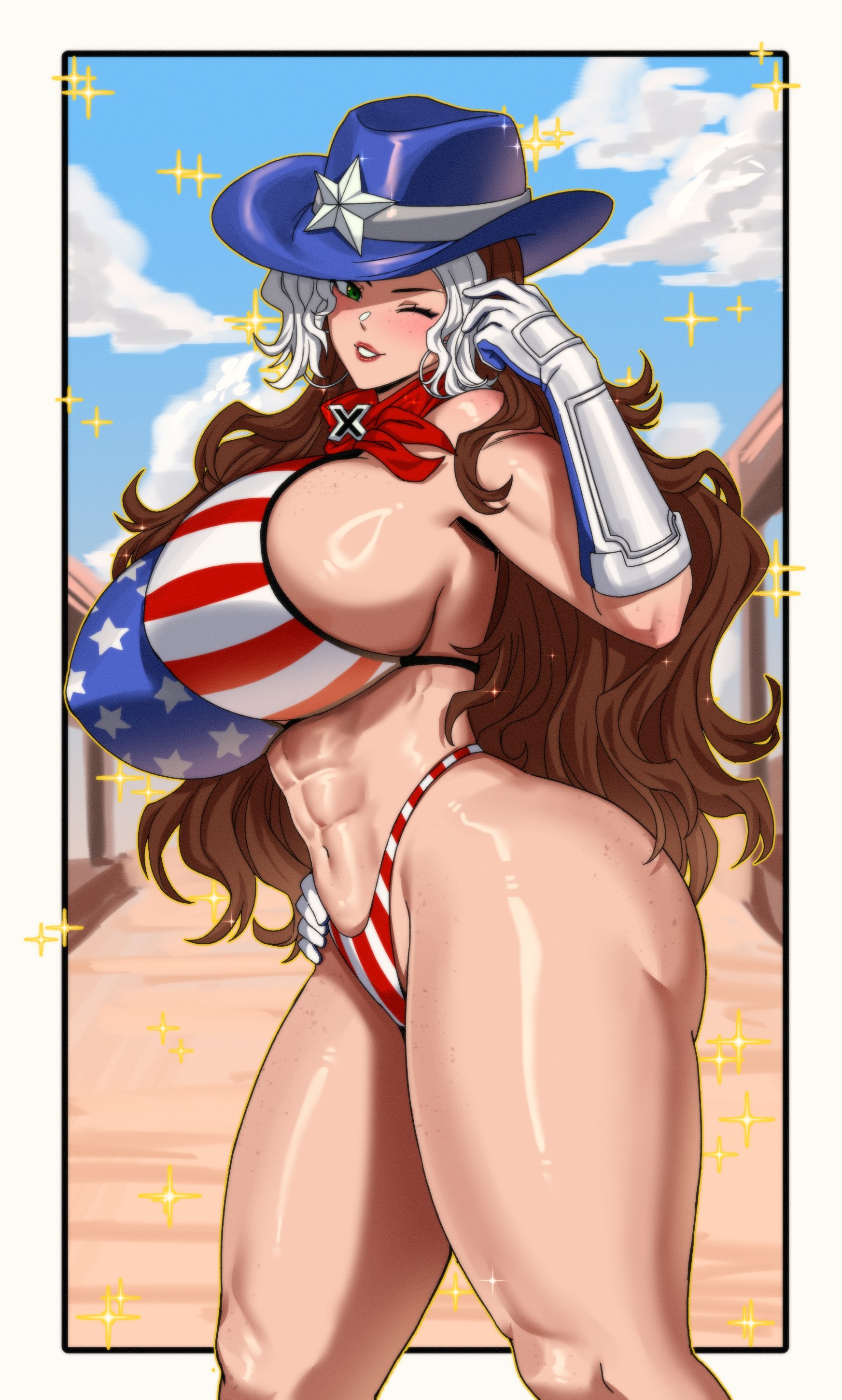 1girls, 2026, 2d, abs, american flag bikini, big breasts, bikini, brown hair, child bearing hips, clothed, cowboy hat, curvaceous, curvaceous body, curvaceous female, curvaceous figure, curvaceous hips, curvaceous thighs, female, female only, fully clothed, green eyes, looking at viewer, marvel, marvel comics, marvel rivals, netease games, pale skin, pale-skinned female, rogue (marvel rivals), rogue (x-men), ryuukusnpaiarts, six pack, solo, swimwear, tagme, thick thighs, waifu, white hair, winking at viewer