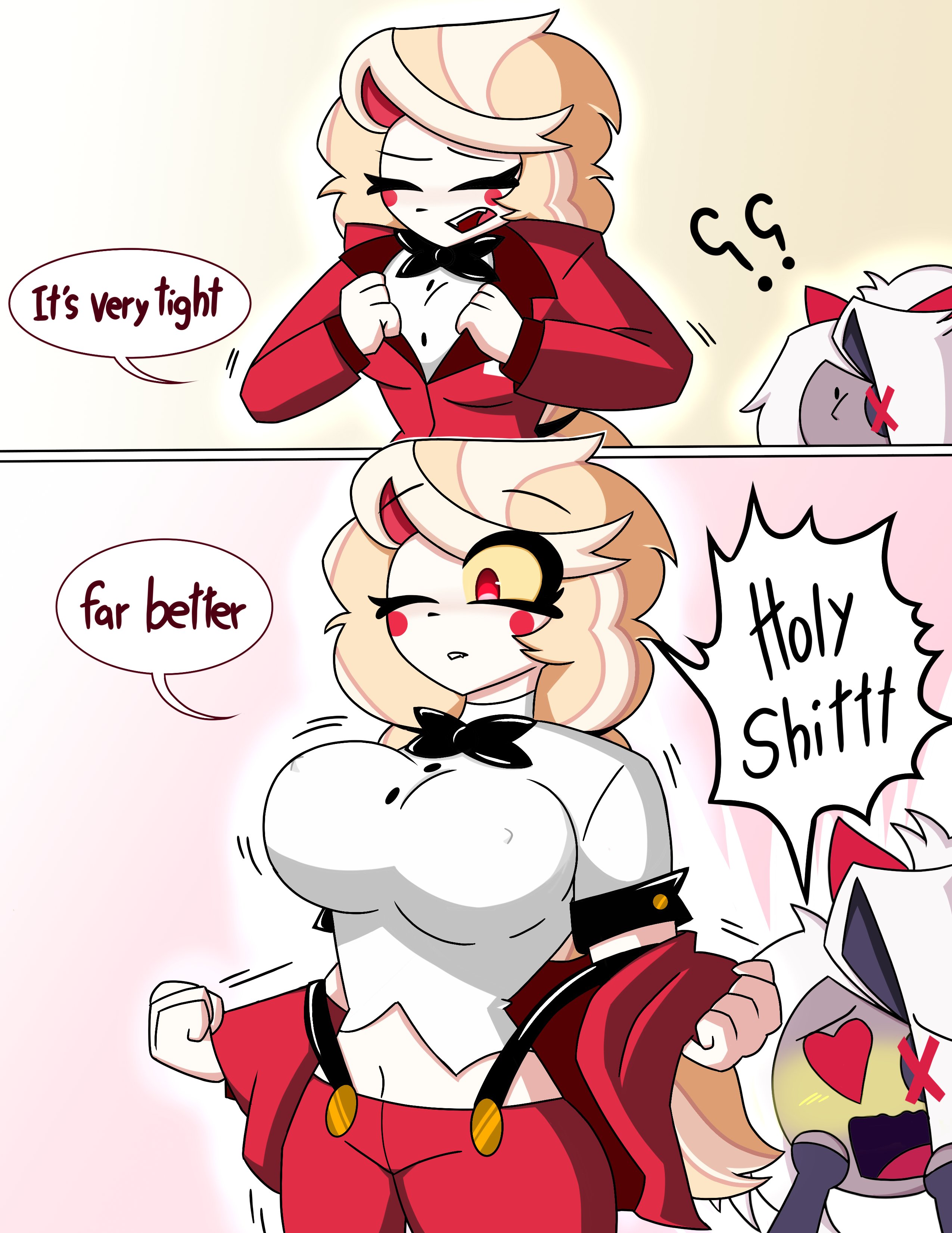 belly, belly button, blush, blushing, boobs, bowtie, breasts, charlie morningstar (hazbin hotel), grey body, hazbin hotel, hellaverse, huge breasts, red clothing, red eyes, tagme, the titan draw, tits, vaggi (hazbin hotel), vaggie (hazbin hotel), white body, white clothing