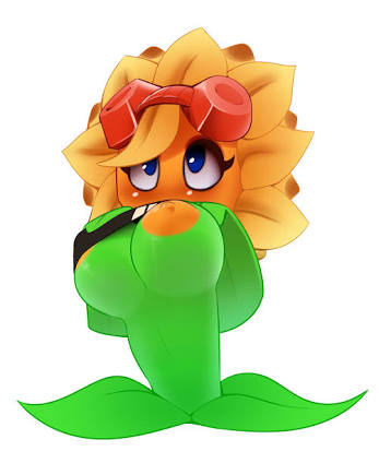 anthro, breasts, cute, female, plants vs zombies, plants vs zombies: heroes, short hair, solar flare (pvz), sunflower (pvz), yellow hair