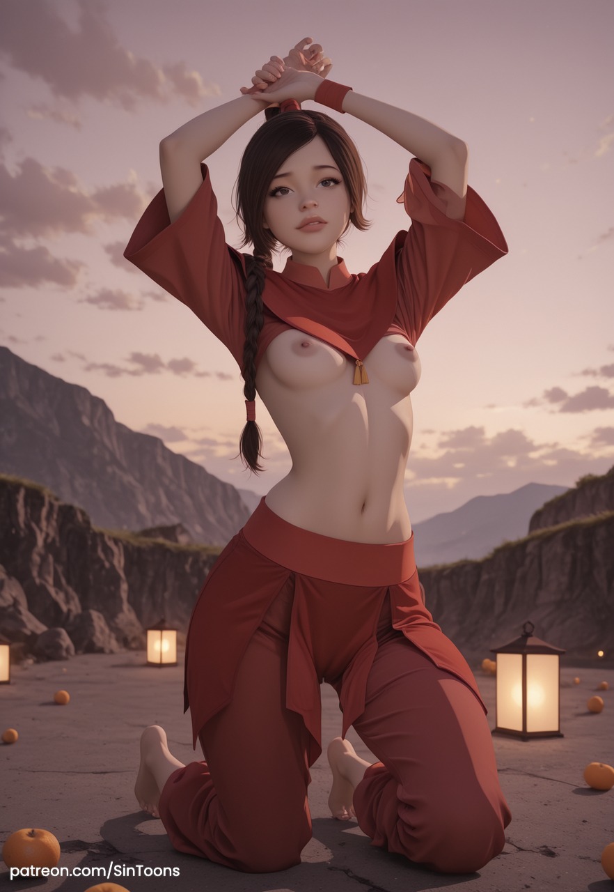 1girl ai_generated avatar_the_last_airbender bangs braid brown_eyes brown_hair brunette cute_face front_view hands_up hard_nipples long_hair looking_at_viewer no_bra outdoor_nudity patreon_username pink_nipples skinny_female small_breasts small_nipples solo topless ty_lee watermark