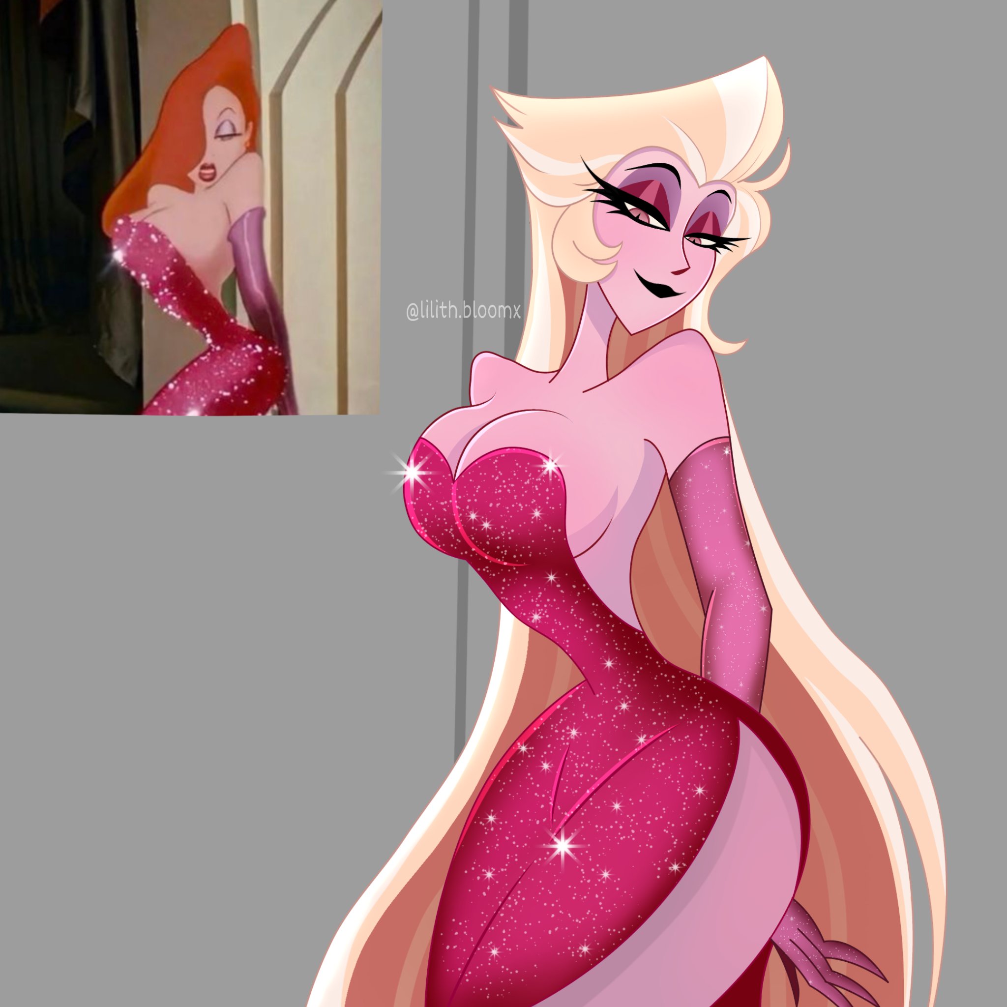 amazon prime, big breasts, blond, blond hair, blonde female, blonde hair, breasts, cleavage, clothed, clothed female, deep cleavage, disney, dress, elbow gloves, hazbin hotel, hazbin hotel (season 2), hellaverse, jessica rabbit, jessica rabbit (cosplay), large breasts, lilith morningstar (hazbin hotel), long gloves, long hair, red hair, side view, spindlehorse toons, standing, standing up, twitter, very long hair, vivienne medrano, vivziepop, who framed roger rabbit