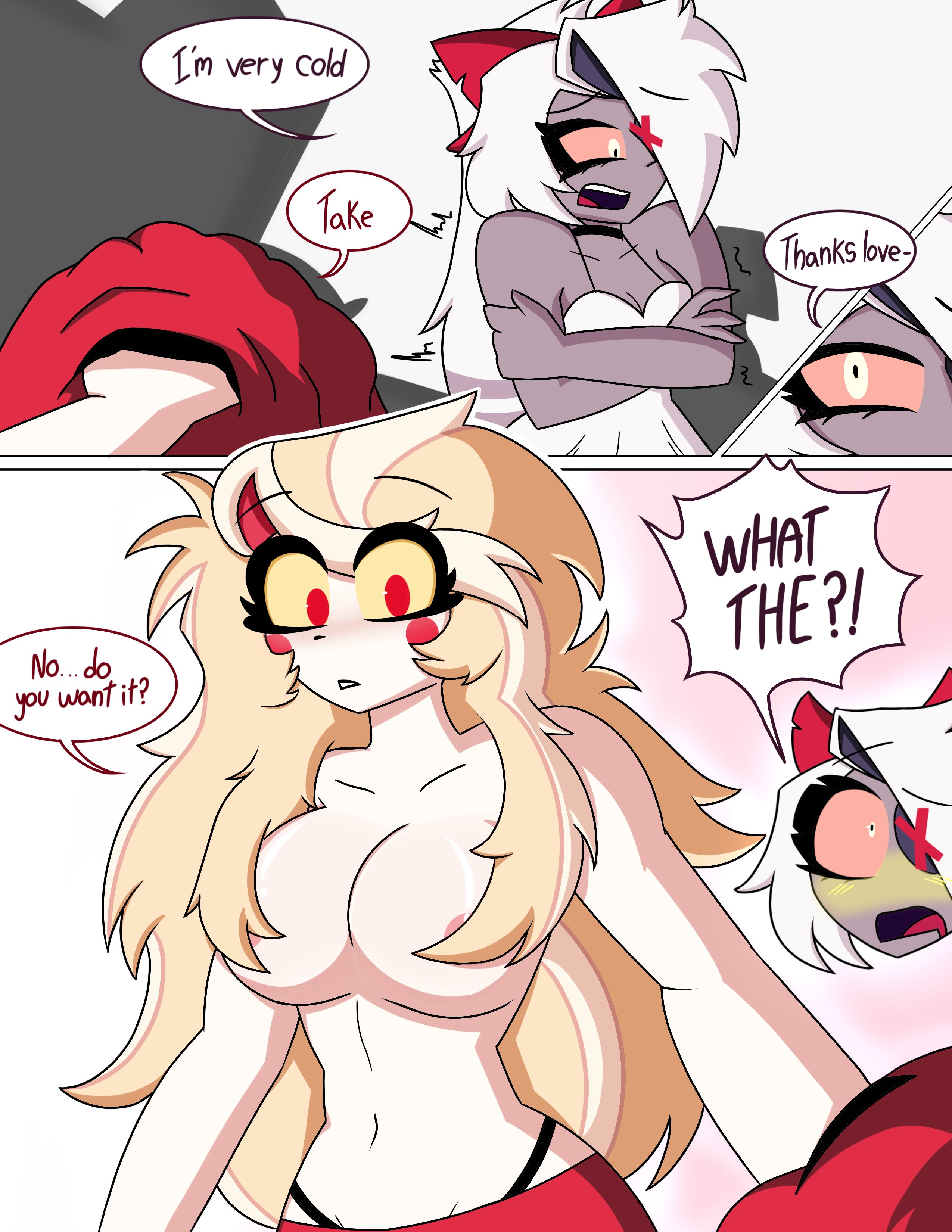 belly, belly button, blush, blushing, boobs, breasts, charlie morningstar (hazbin hotel), comic, english text, grey body, hazbin hotel, hellaverse, long hair, red clothing, red eyes, tagme, the titan draw, tits, topless, vaggi (hazbin hotel), vaggie (hazbin hotel), very long hair, white body, white hair, yuri