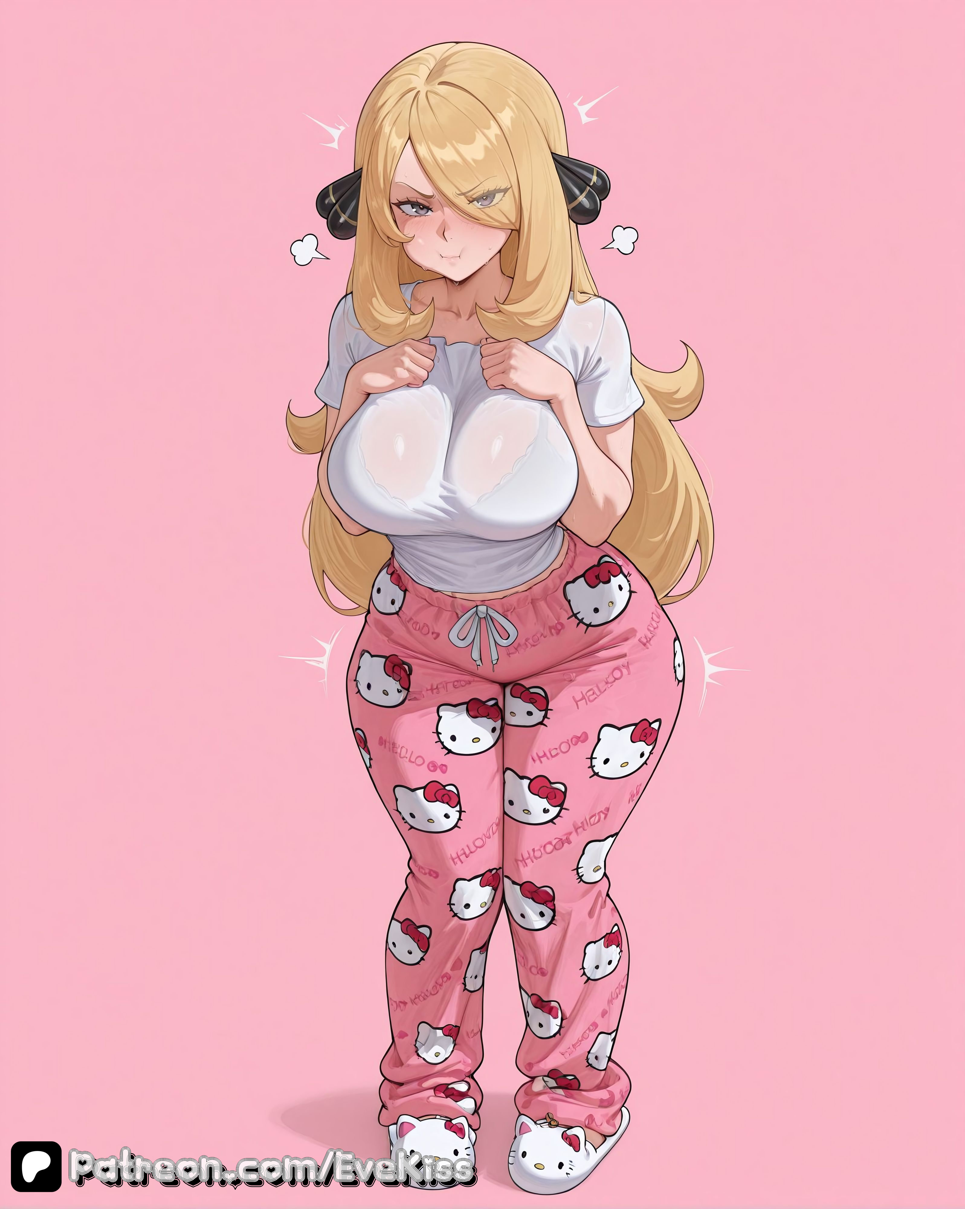 1girl, 1girls, ai generated, blonde, blonde hair, breasts, breasts,, camel toe, cameltoe, cleavage, clothed, clothed female, curvy, curvy figure, cynthia (pokemon), evekiss, female, female focus, female only, focus, fully clothed, hair ornament, hello kitty, hello kitty (series), large breasts, light skin, nipples, nipples covered, nipples visible through clothing, pajamas, pants, pokemon, pussy, sfw, solo, solo female, solo focus, teeth, thick thighs, thighs, tight clothes, tight clothing, tight fit, tights, uncensored, wide hips