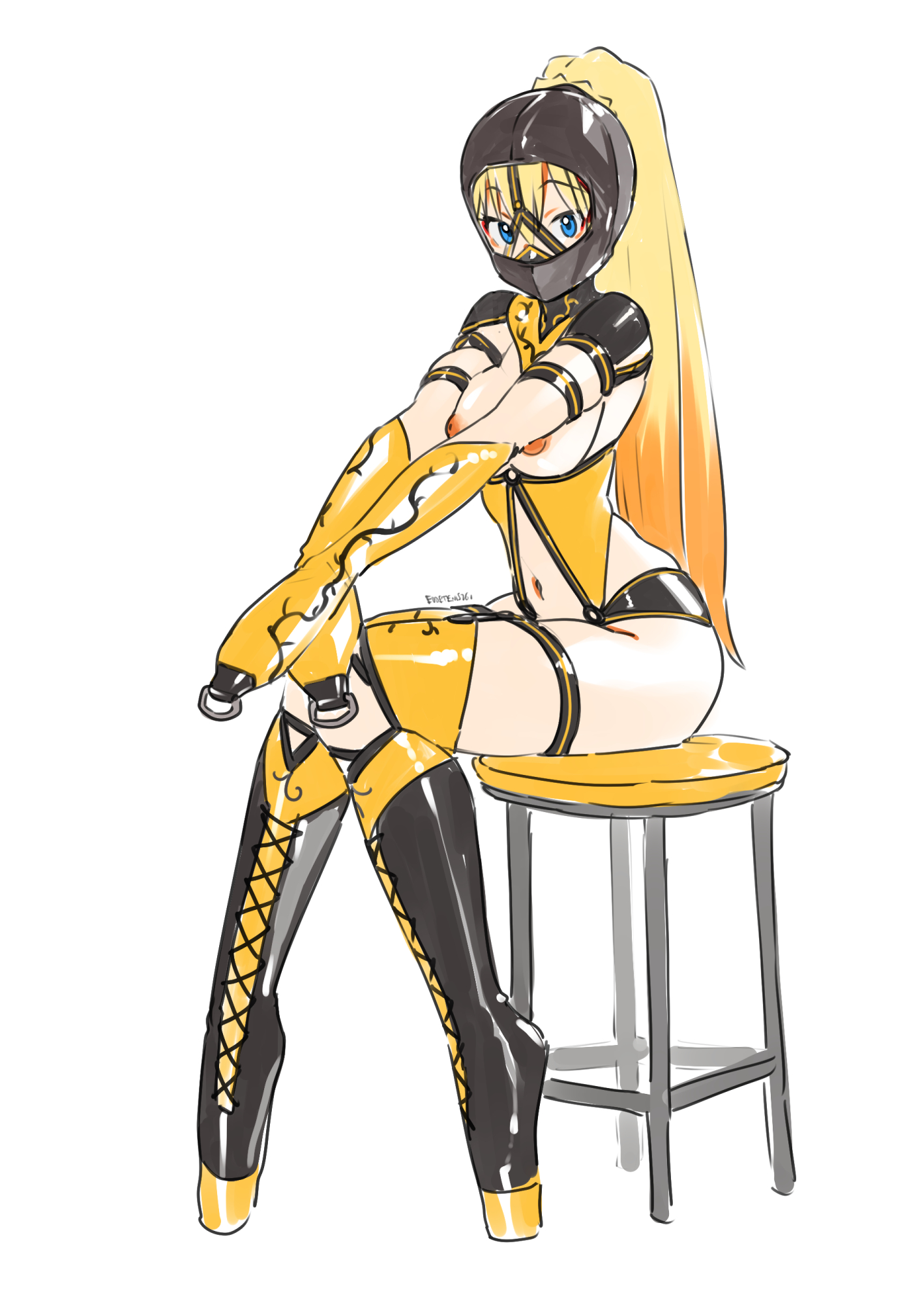 1girls, ballet boots, ballet heels, blonde hair, blue eyes, bondage, bondage gloves, bondage mittens, bound, bound hands, darkness (konosuba), eudetenis, female, female only, femsub, gag, gagged, heel-less heels, high heels, kono subarashii sekai ni shukufuku wo!, mittens, simple background, thighhighs, very high heels