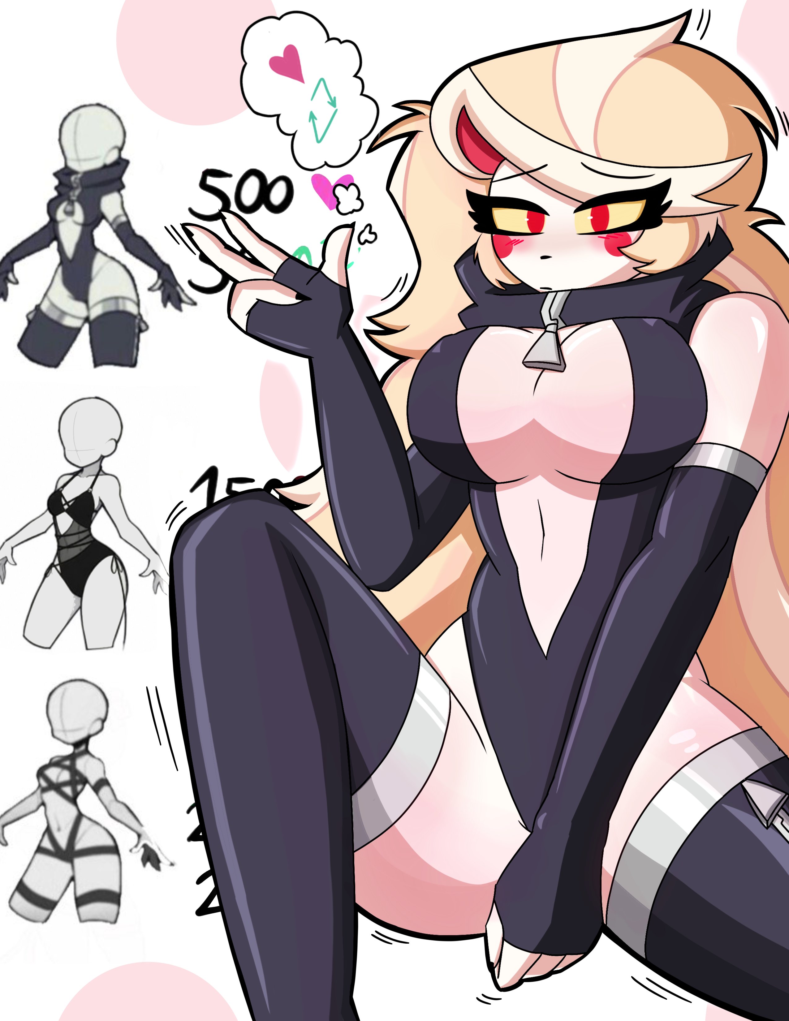 black clothing, blush, blushing, boobs, breasts, charlie morningstar (hazbin hotel), hazbin hotel, hellaverse, long hair, red eyes, strip game, the titan draw, tits, very long hair, white body