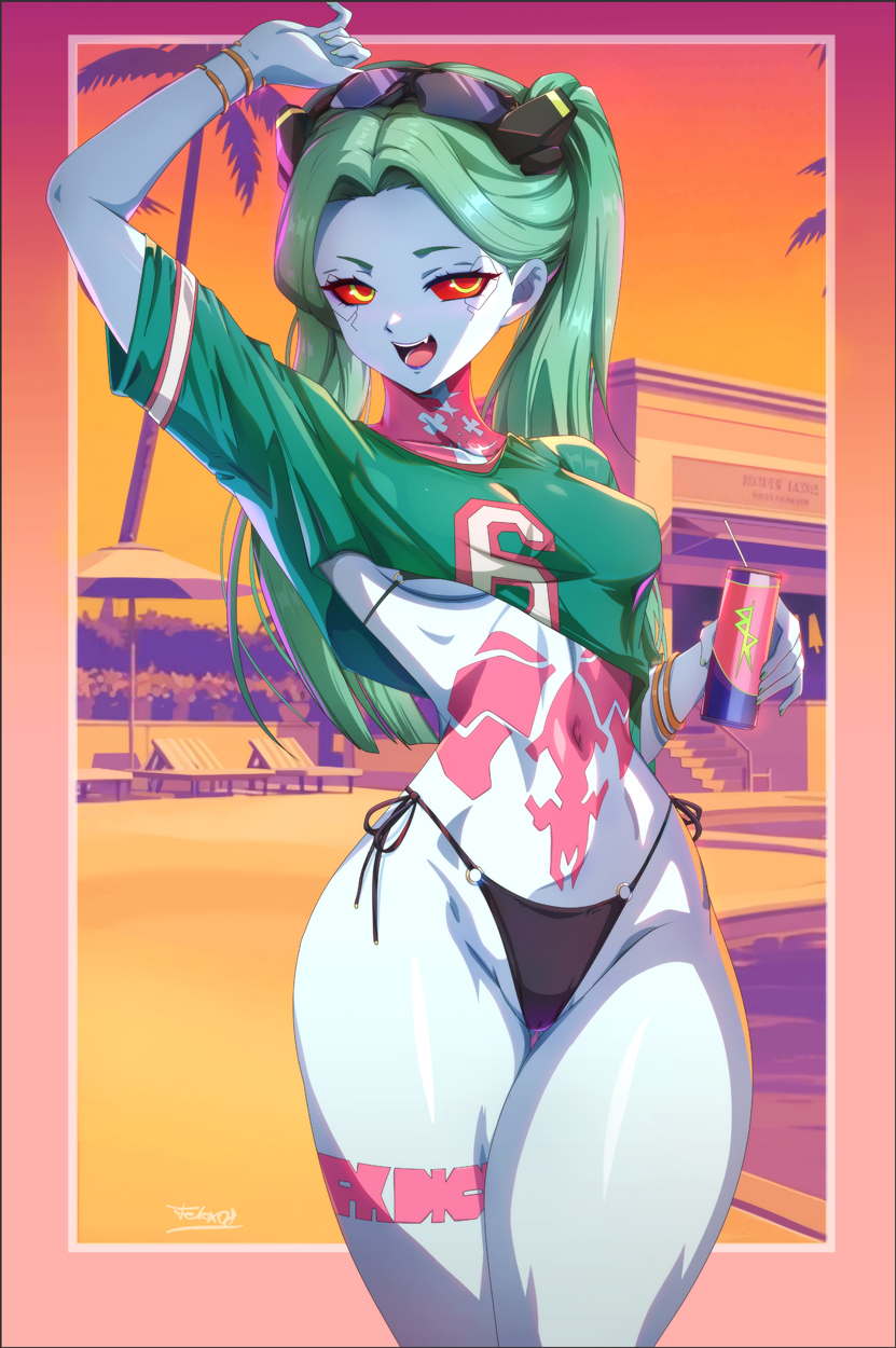 belly belly_button bikini bikini_bottom bikini_top black_bikini crop_top cyberpunk:_edgerunners felox08 female female_only grand_theft_auto_vi gta_vi_cover_girl long_hair open_mouth rebecca_(edgerunners) red_eyes tagme