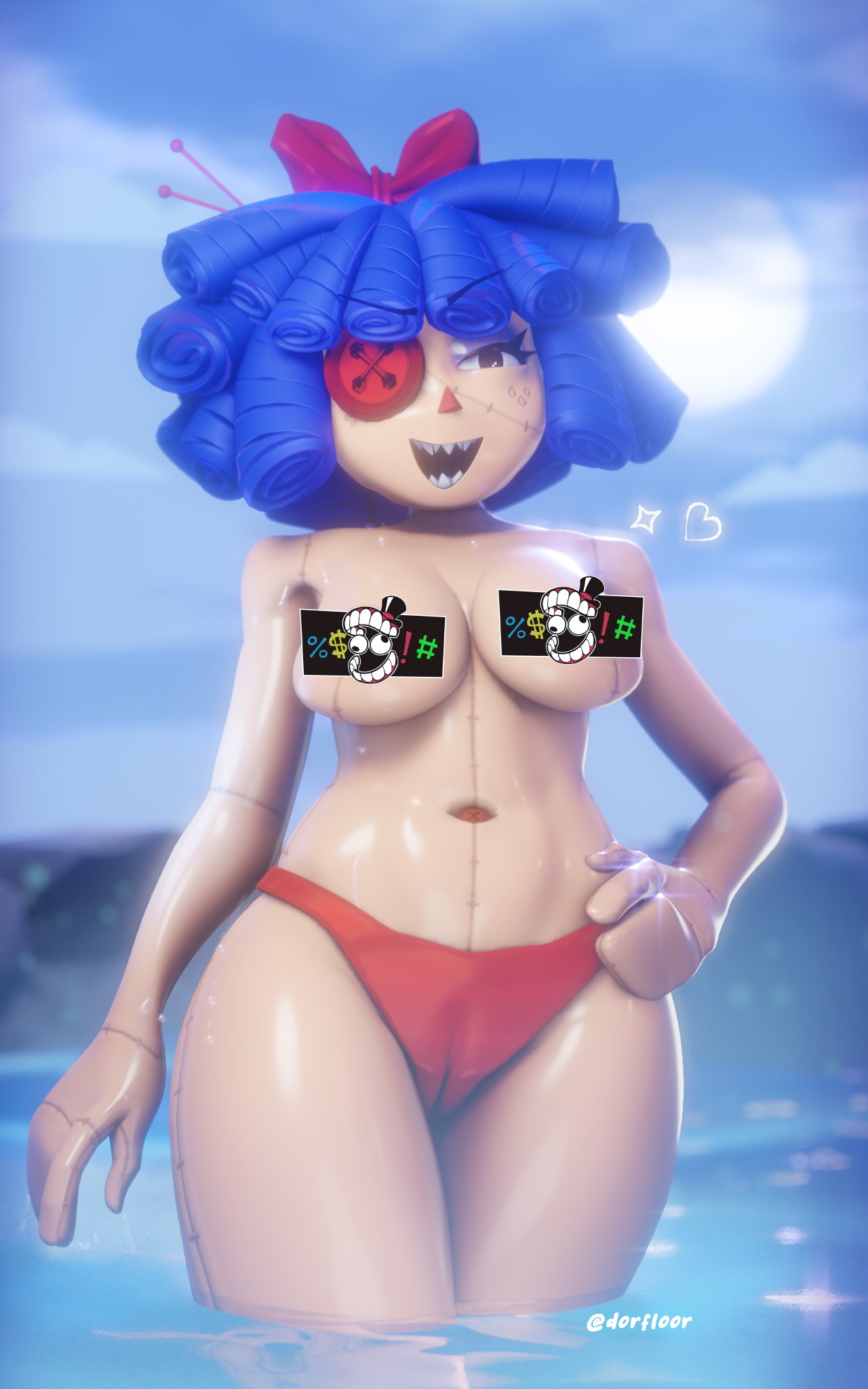 bikini bottom, blue hair, blue-haired female, bow, breasts, button belly button, button eye, caine censorship, doll girl, dorfloor3, dotflare, evil clone, evil ragatha, evil ragatha (the amazing digital circus), exposed breasts, freckles, freckles on face, glitch productions, gooseworx, hand on hip, heart symbol, hips, lake, ragatha (dorfloor3), ragatha (the amazing digital circus), ragdoll, sharp teeth, solo, standing in water, stitches, tagme, the amazing digital circus, topless female, triangle nose, wide hips