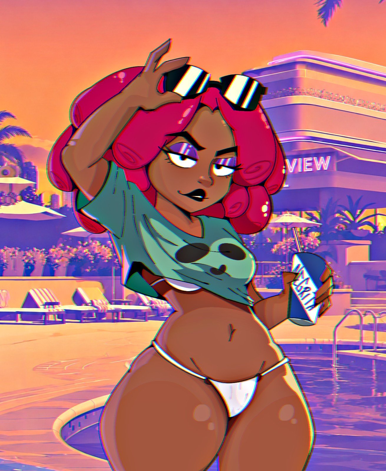 1girls, arms up, bikini, brawl stars, chimbo tieso, ebony female, eyewear on head, female only, gta vi cover girl, juju (brawl stars), lustful expression, posing for the viewer, red hair, solo, solo female, sunglasses