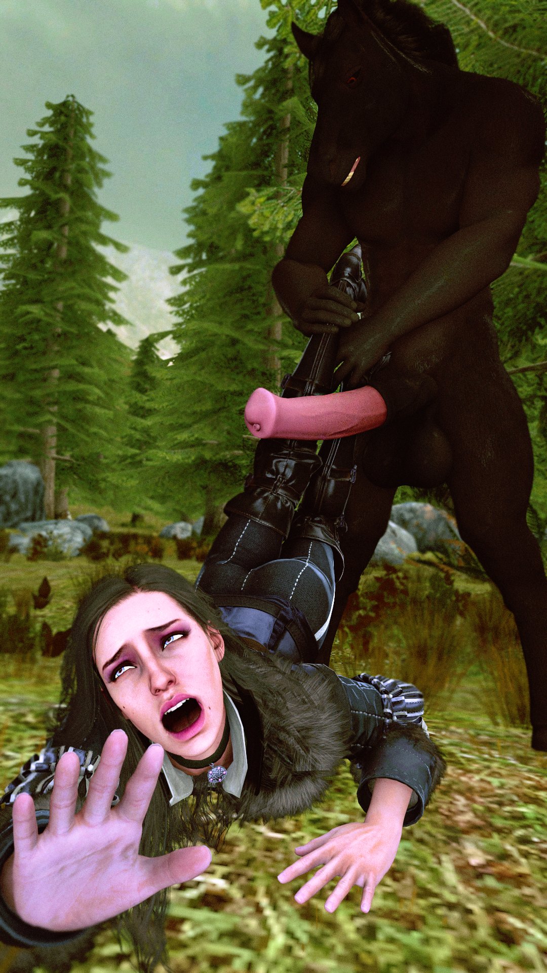 1boy 1girls 3d anthro anthro_on_human ark_32 black_hair equine equine_humanoid equine_penis female female_focus female_human forced forced_sex horse horse_penis horsecock humanoid long_hair outdoors penis the_witcher_(series) the_witcher_3:_wild_hunt yennefer