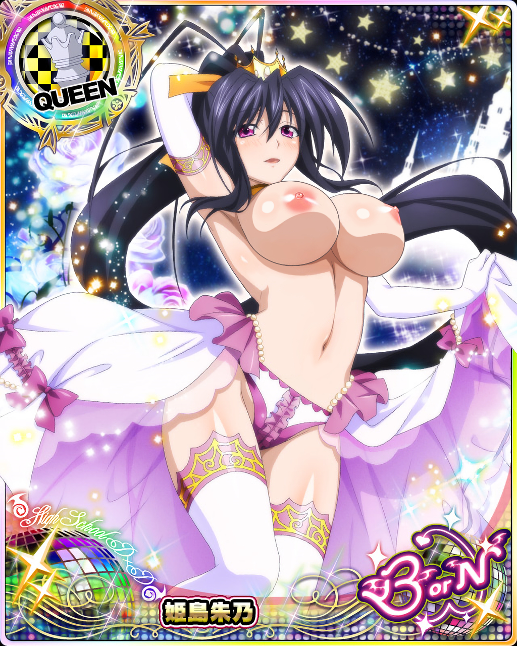 1girls, akeno himejima, areolae, black hair, blush, breasts, card (medium), cartoony, female, female only, high school dxd, large breasts, long hair, looking at viewer, magenta eyes, navel, nipples, open mouth, photoshop, pink eyes, ponytail, smile, solo, thighhighs, tied hair, topless, very long hair