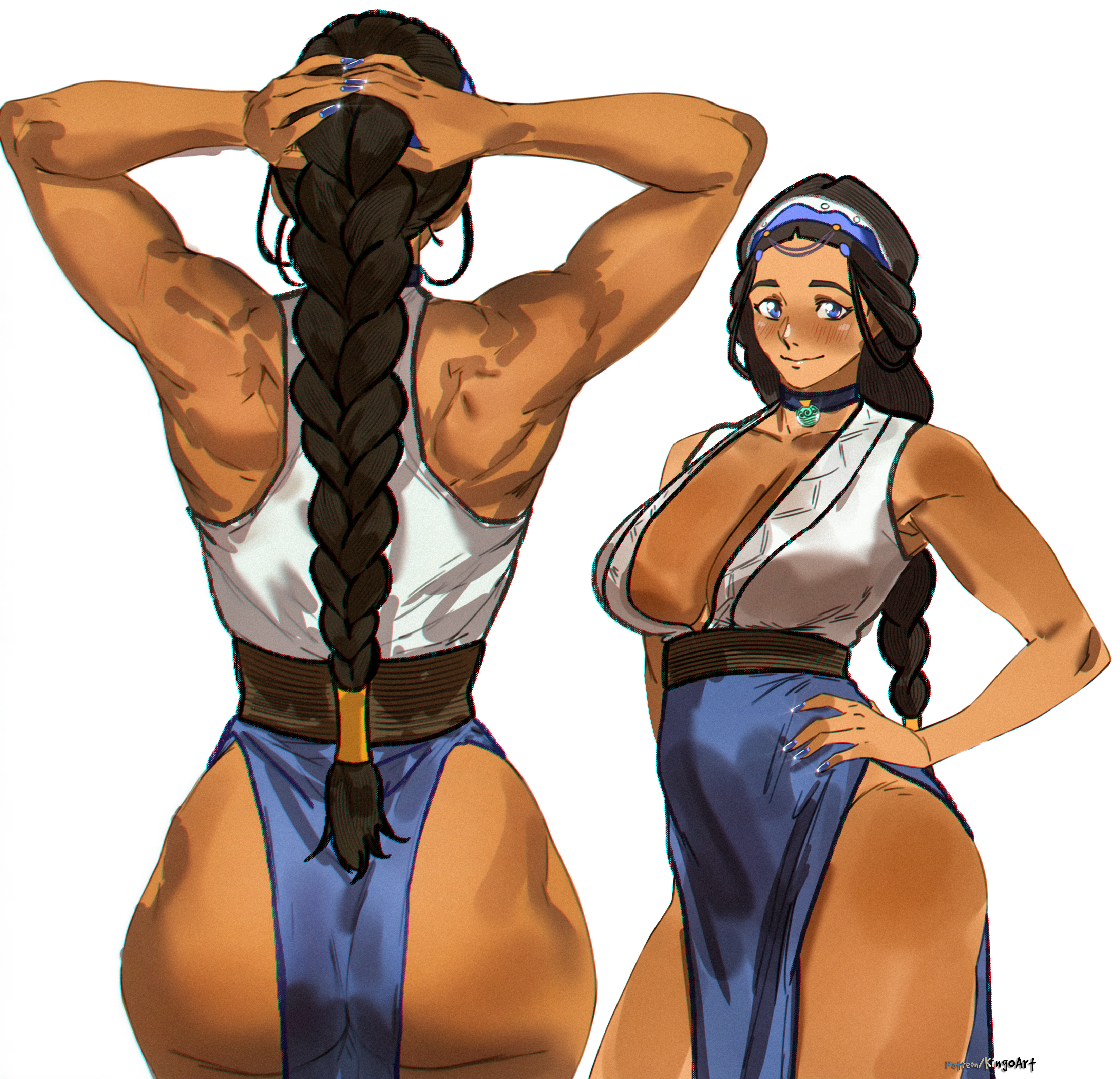 avatar the last airbender, back view, blue eyes, braided ponytail, breasts, brown hair, brown-skinned female, cleavage, dark-skinned female, female, female focus, female only, katara, simple background, smirk, solo, solo female, solo focus, stepkingo, water tribe, white background