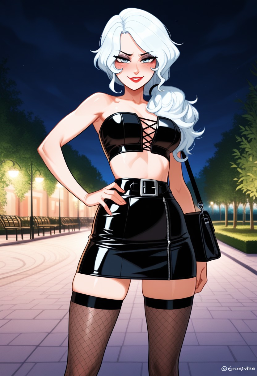 1girls ai_generated bandeau implied_prostitution latex latex_bandeau latex_clothing looking_at_viewer midriff night prostitution rwby shiny_hair shiny_skin skirt solo solo_female tagme willow_schnee