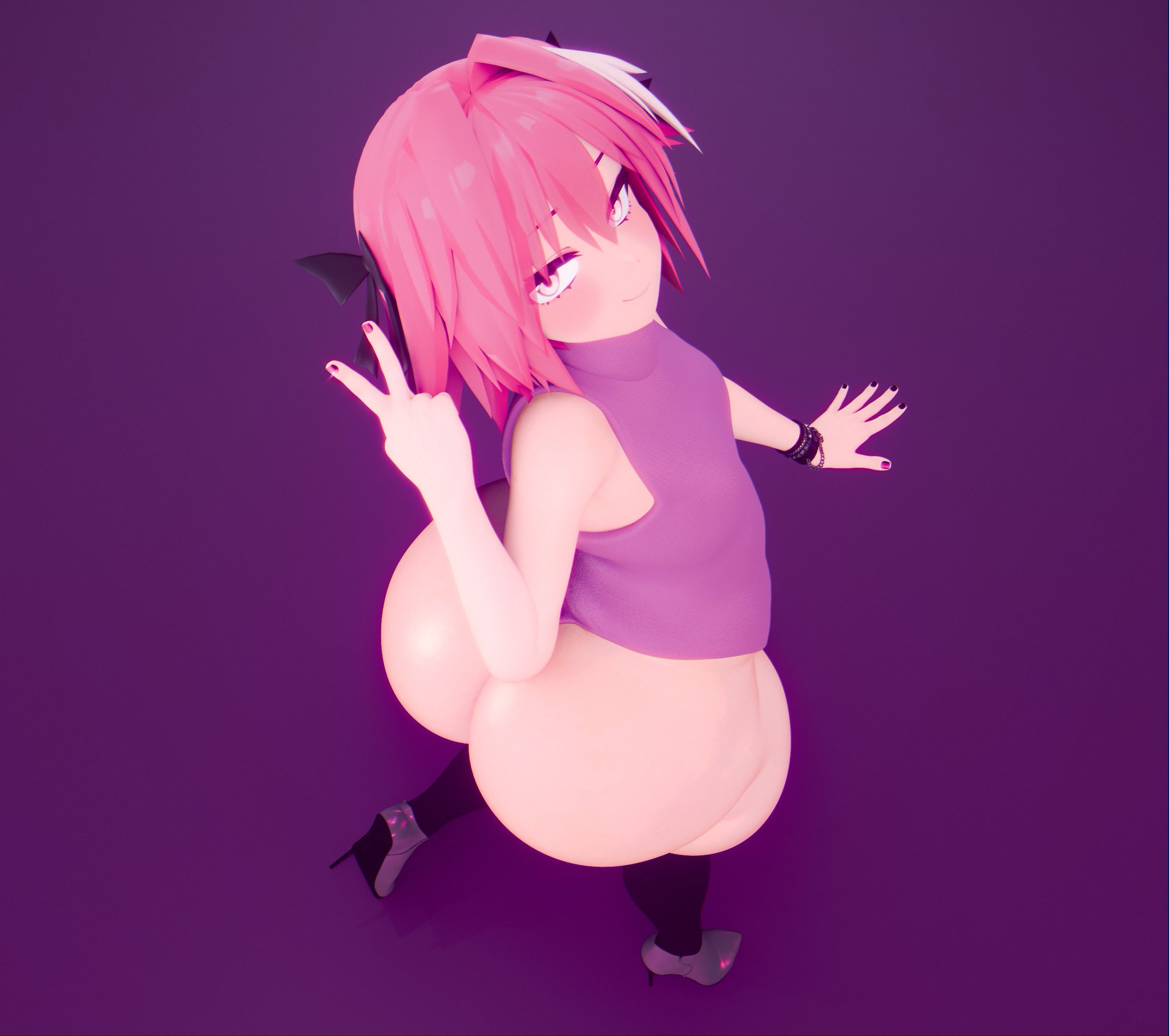 1boy, 3d, 3d (artwork), above view, astolfo (fate), bedroom eyes, big ass, blushing, fat ass, fate (series), fate/apocrypha, femboy, girly, hair ribbon, high heels, huge ass, kneehighs, looking at viewer, painted nails, peace sign, pink eyes, pink hair, pose, sissy, sonivvnsfw, sweater, thick thighs