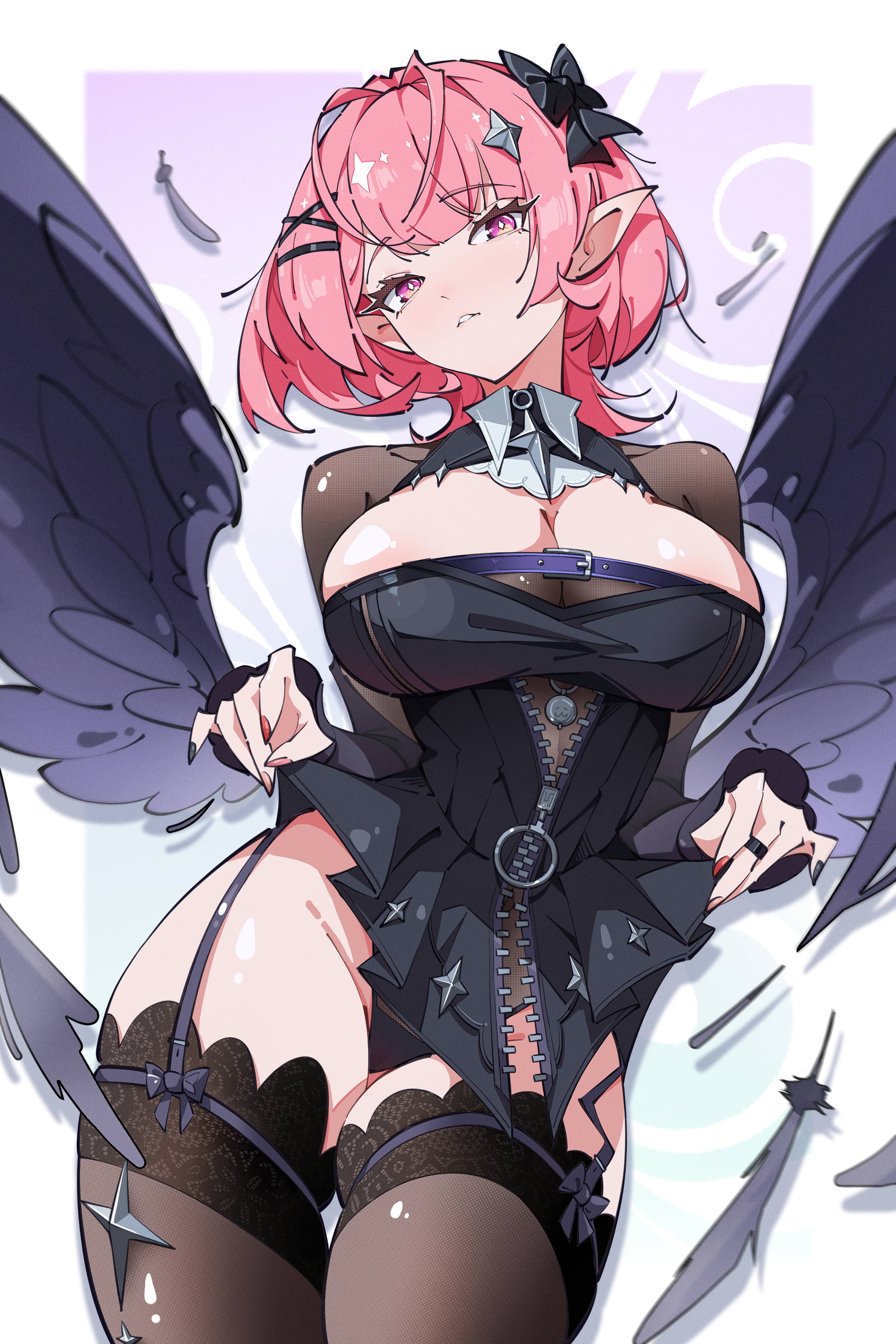 1girls, big breasts, black panties, black thighhighs, black underwear, black wings, breasts, clothes lift, colored nails, female, hoyoverse, large breasts, long hair, long nails, mihoyo, painted nails, panties, pantyshot, pantyshot (standing), pink eyes, pink hair, pink nails, pointy ears, remielle dan, remielle dan (moonlight whispers), skirt lift, thighhighs, underwear, upskirt, wings, zenless zone zero