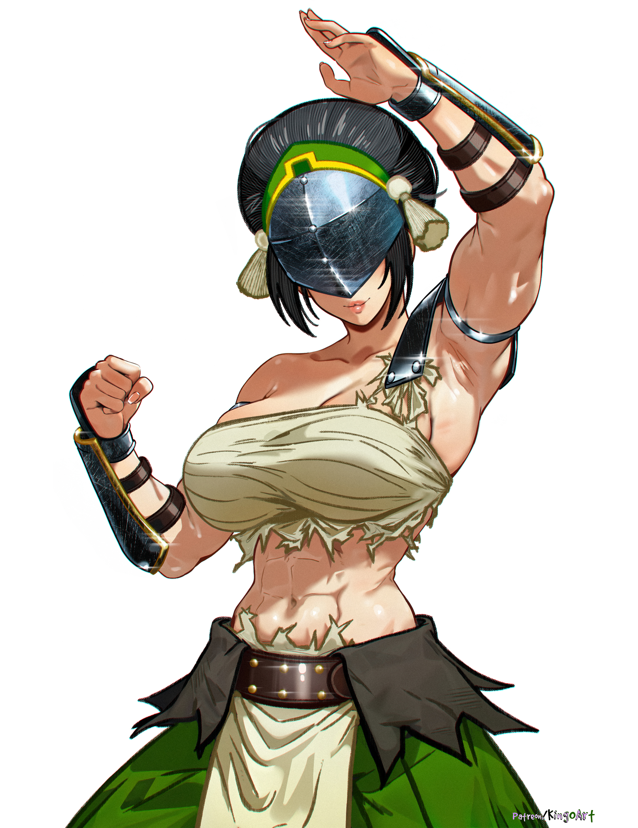 1girls, abs, armpits, avatar the last airbender, battle damage, belt, big breasts, black hair, breasts, chest sarashi, cleavage, fit female, green hairband, green pants, grin, hair bun, hairband, helm, helmet, highres, large breasts, muscle mommy, muscular, muscular female, navel, pants, sarashi, shoulder armor, sidelocks, single bare shoulder, single hair bun, six pack, smile, solo, solo female, stepkingo, studded belt, studs, the legend of aang, toned, toned female, toph bei fong, torn clothes, upper body, visor (armor), wrist guards