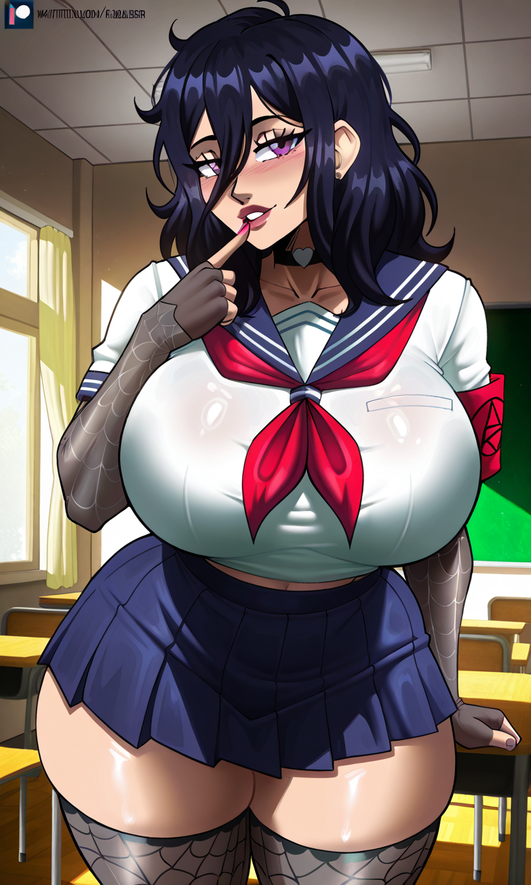 1girls ai ai_assisted ai_generated big_ass big_breasts big_butt big_thighs black_hair black_thighhighs blush classroom dark_hair elbow_gloves female_focus female_only finger_on_lip fingerless_gloves front_view goth_girl huge_breasts indoors light-skinned_female looking_at_viewer medium_hair navel neckerchief oka_ruto pleated_skirt purple_eyes red_neckerchief school_girl school_uniform schoolgirl_uniform seductive_look serafuku smile smiling_at_viewer spider_web_print thick_ass thick_thighs thighhighs voluptuous_body voluptuous_female yandere_simulator