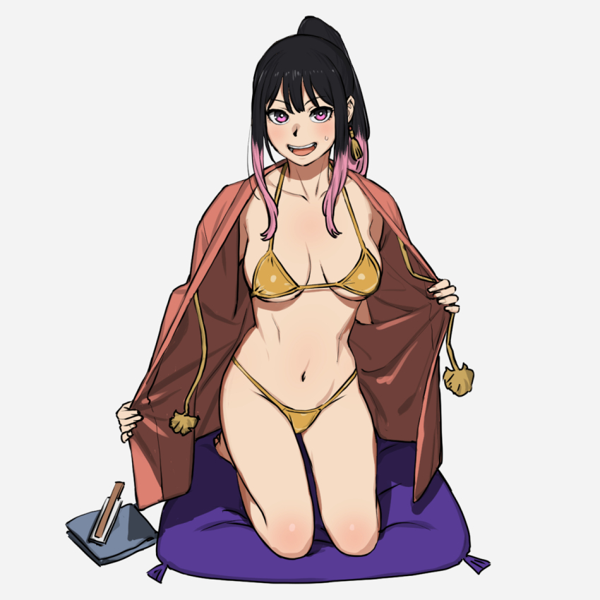 akane-banashi akane_osaki bikini black_hair blush breasts ear_ring hand_fan kimono kneeling looking_at_viewer multicolored_hair nervous on_cushion onsen_tamago_(hs_egg) open_clothes open_kimono open_mouth pink_hair pink_kimono ponytail purple_eyes sidelocks smiling solo solo_female solo_focus stomach sweatdrop swimsuit yellow_bikini