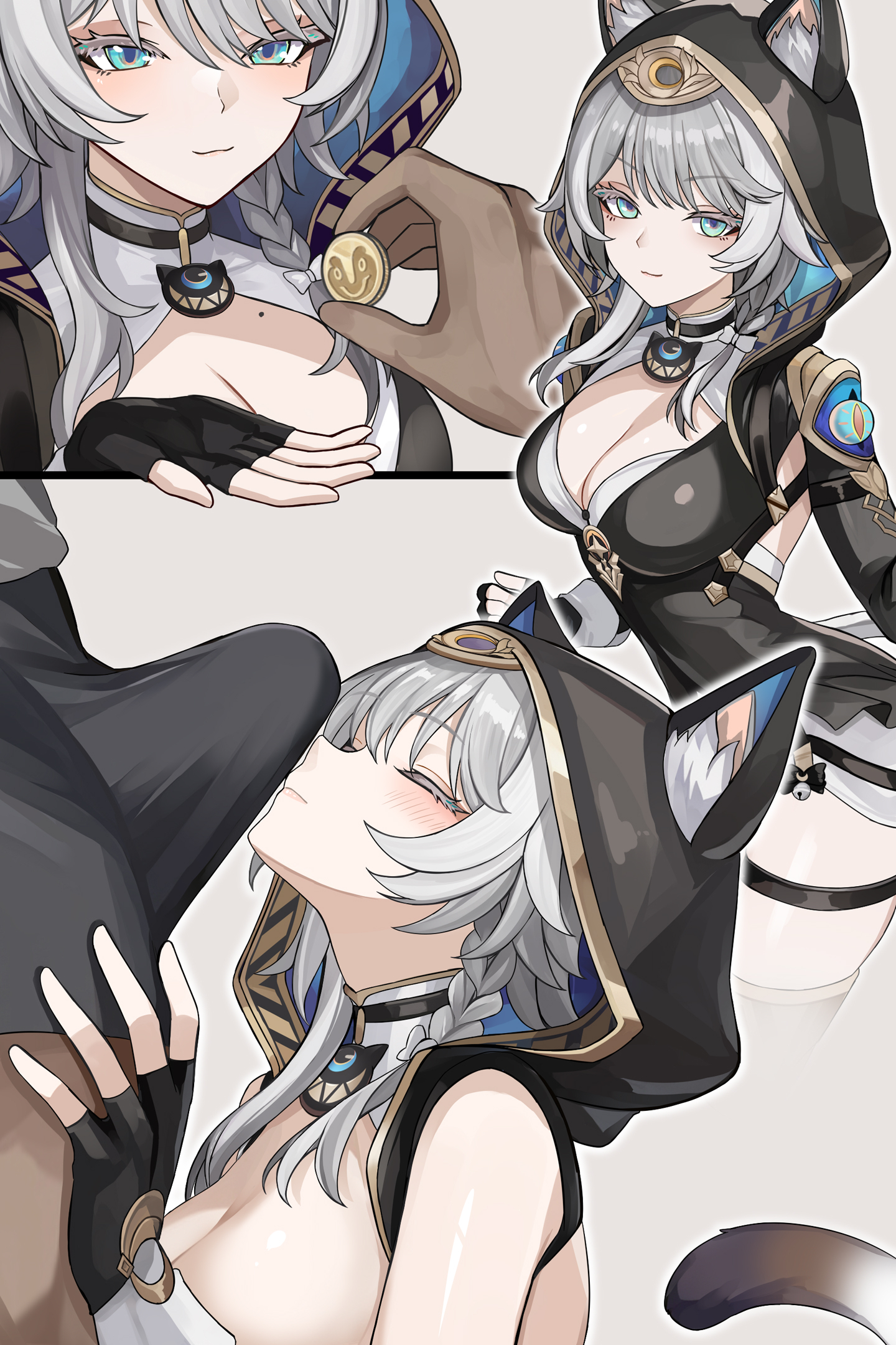 1boy, 1girl, animal ears, animal hood, black dress, black gloves, blue eyes, blush, braid, breasts, bulge, cat ears, cat girl, cat tail, cipher (honkai: star rail), cleavage, cleavage cutout, closed eyes, closed mouth, clothing, coin, dark skin, dark-skinned male, dress, erection, erection under clothes, fake animal ears, female, fingerless gloves, gloves, grey hair, hetero, holding, holding coin, honkai: star rail, hood, hood up, hoodie, imminent fellatio, large breasts, long hair, looking at viewer, male, male underwear, medium hair, mole, mole on breast, multiple views, penis on face, se34tai, simple background, smelling, smile, tail, thigh strap