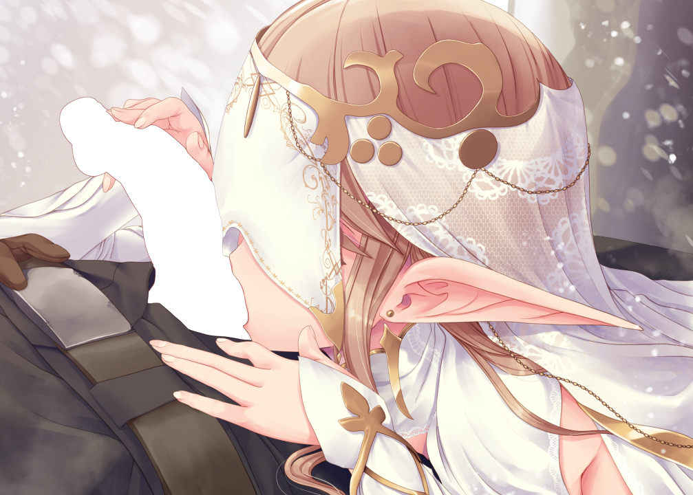 1boy 1girl armor breasts brown_hair censored cleavage commentary_request covered_eyes detached_sleeves earrings elf elf_saintess_(kirishima_satoshi) fellatio gold_earrings hetero jewelry kirishima_satoshi licking licking_penis light_particles long_hair long_pointy_ears open_mouth oral original penis pointy_ears saliva saliva_trail sidelocks solo_focus testicle_sucking veil veil_over_eyes very_long_hair white_veil