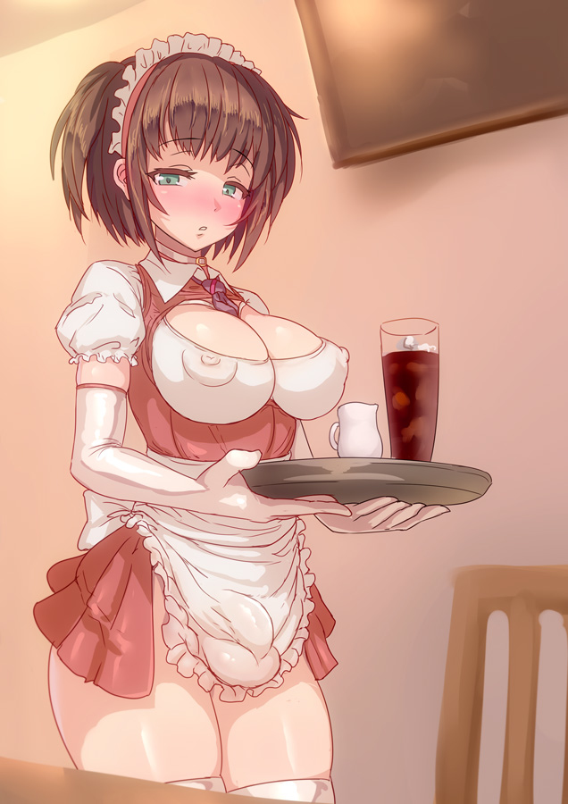1futa, aya (thon2hk), balls, blush, breasts, brown hair, cleavage, erect nipples, futa only, futanari, green eyes, intersex, looking at viewer, maid, maid headdress, maid uniform, nipples, penis, penis under clothes, solo, solo futa, testicles