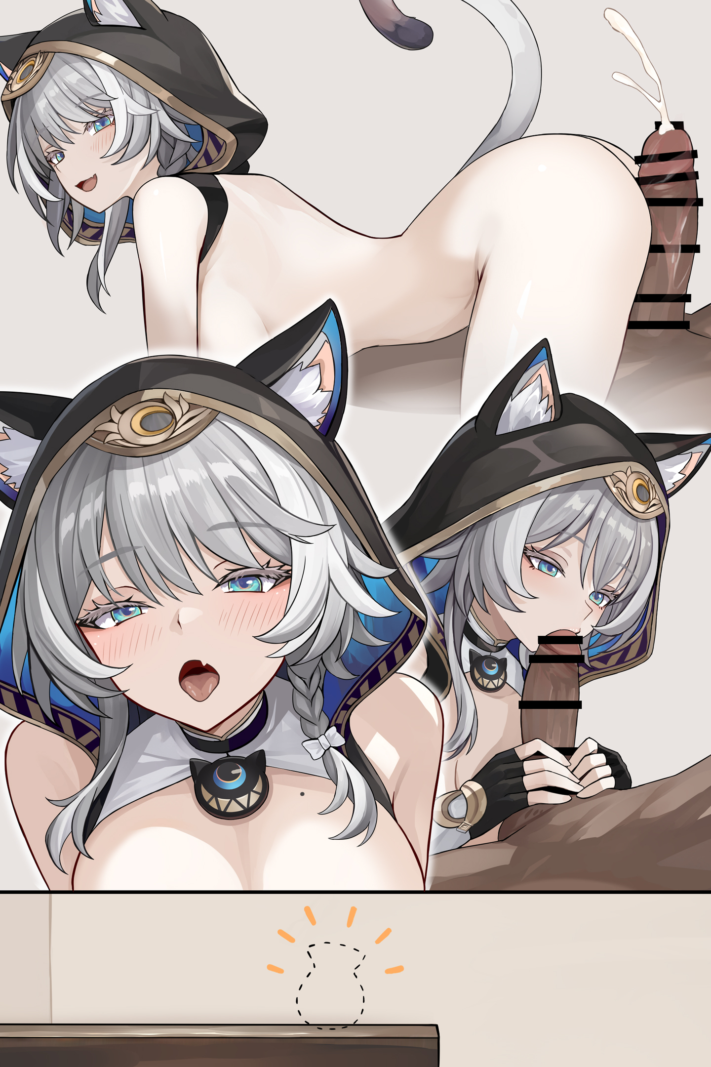 1boy, 1girl, animal ear fluff, animal ears, animal hood, ass, bar censor, black gloves, blue eyes, blush, braid, breasts, cat ears, cat girl, cat hood, cat tail, censored, cipher (honkai: star rail), clothing, cum, dark skin, dark-skinned male, ejaculation, erection, fake animal ears, fake tail, fang, fellatio, female, fingerless gloves, girl on top, gloves, grey hair, hetero, honkai: star rail, hood, hood up, interracial, large breasts, licking penis, looking at viewer, male, medium hair, mole, mole on breast, multiple views, nude, open mouth, oral, partially fingerless gloves, penis, projectile cum, se34tai, skin fang, smile, tail, tongue, tongue out