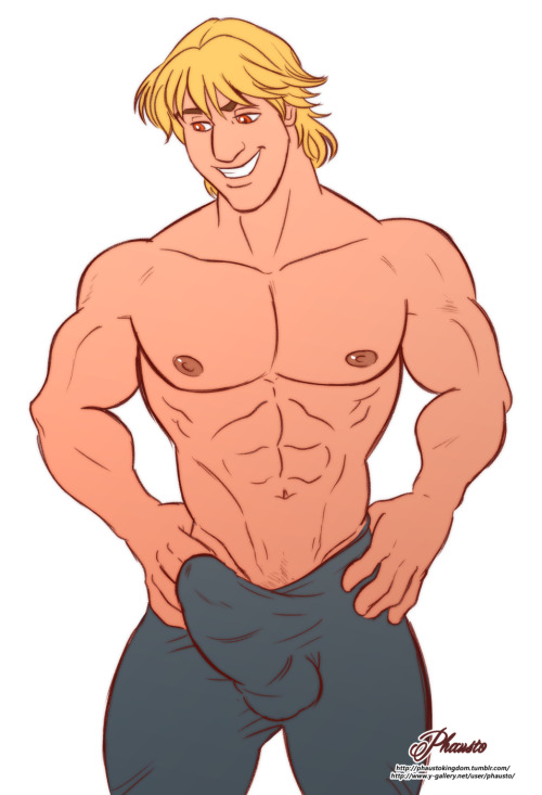 1boy, balls, bara, blonde hair, bulge, disney, disney prince, erect nipples, erection under clothes, frozen (film), hands on hips, human, kristoff (frozen), looking down, male, male nipples, male only, muscles, nipples, orange eyes, pants, penis, phausto, shirtless, smiling, solo, thick thighs, yaoi