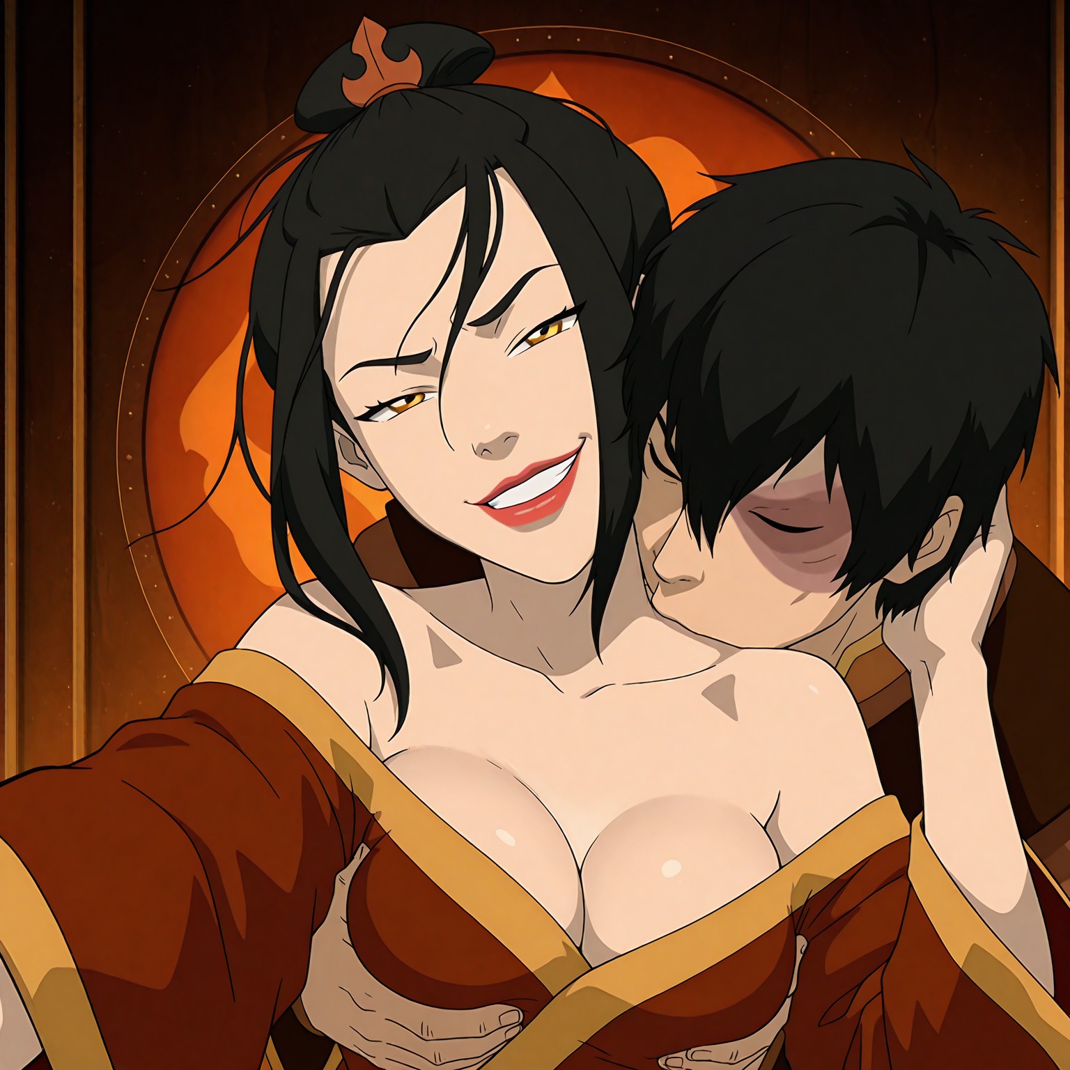 1girls, ai generated, avatar legends, avatar the last airbender, azula, black hair, brother and sister, incest, kissing neck, royalty, selfie, selfie pose, tagme, zuko