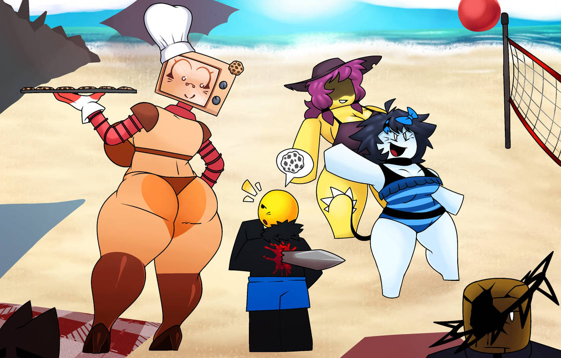 artist request, ass, beach, blocky body, breasts, cleavage, cookieware (die of death), crossover, die of death (roblox), forsaken (roblox), jane doe (forsaken), mequot, outdoors, party two time, roblox, roblox arg, roblox game, robloxian, sean (seildirectory), seildirectory, sword, tagme, thick, thighs, two time