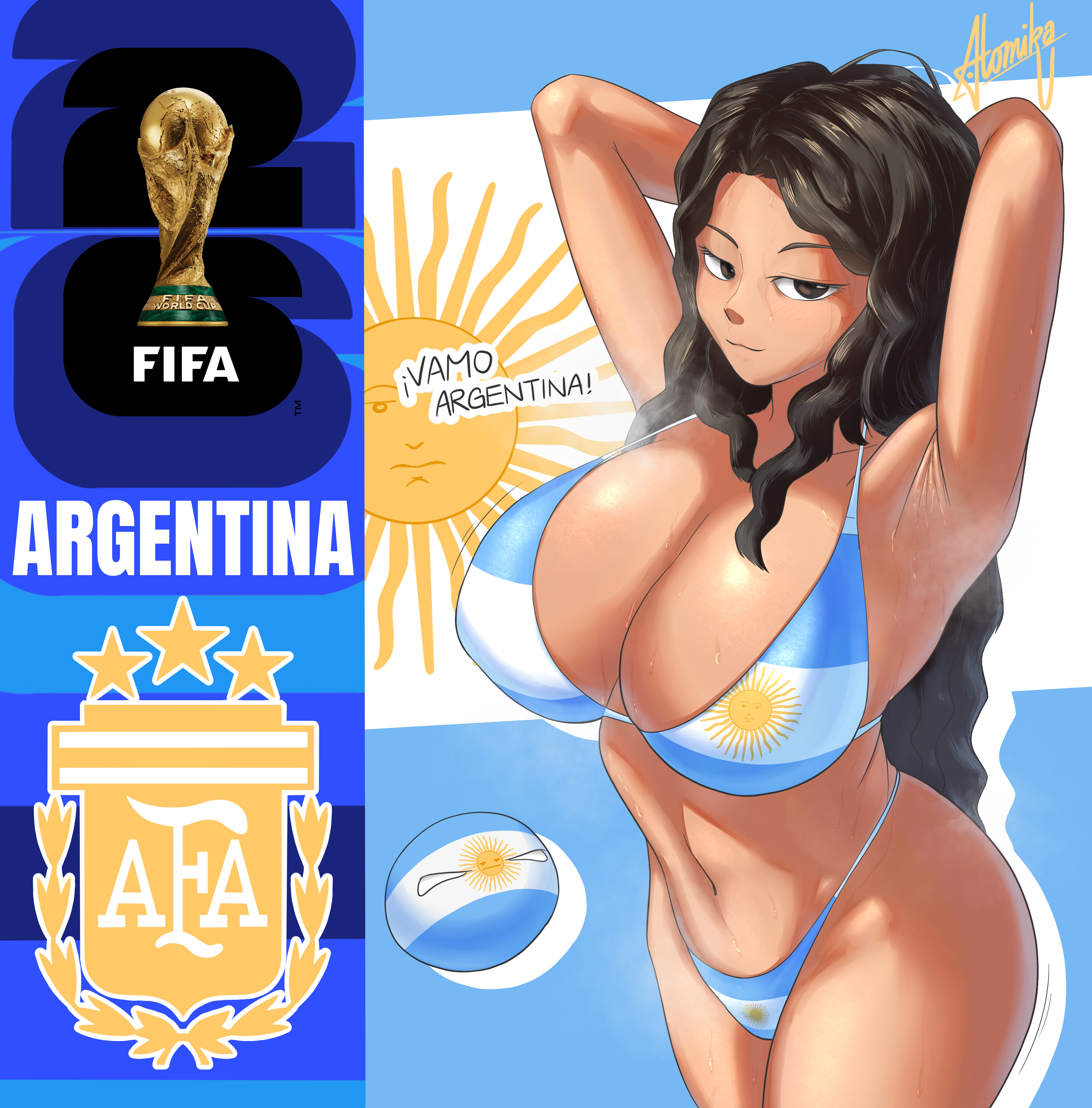 1girl, 1girls, 2026 fifa world cup, abs, argentina, argentina (countryhumans), argentine flag, argentinian, argentinian female, argentinian flag, argentinian flag bikini, argentinian flag print, armpit, armpit crease, armpits, arms behind head, ass, atomika, big ass, big breasts, bikini, bikini bottom, bikini top, black hair, blush, breasts, clothed, clothing, countryballs, countryhumans, countryhumans girl, countryhumans oc, countrypersons, female only, fifa, half-closed eyes, hips, looking at viewer, looking up, national personification, sexy, sexy armpits, sexy pose, smile, sweat, sweating, sweaty, tan body, tan skin, tanned female, waist, wide hips, world cup