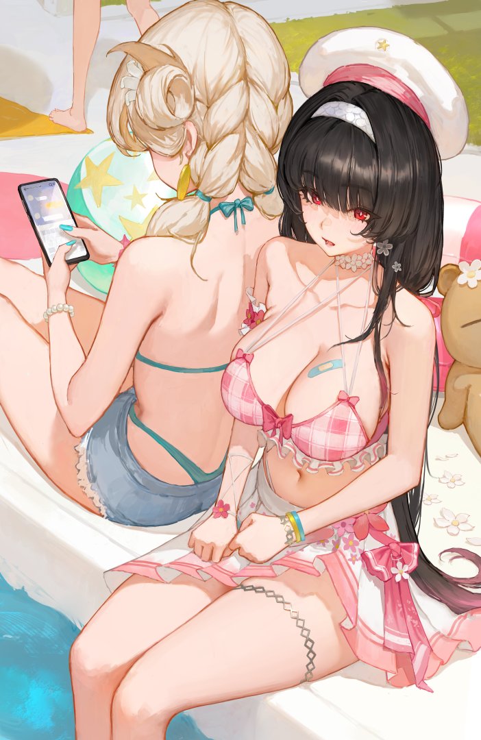 2girls, black hair, blonde, blonde female, blonde hair, blonde-haired female, chisa (peach parfait) (wuthering waves), chisa (wuthering waves), female, long hair, lynae (peppermint) (wuthering waves), lynae (wuthering waves), medium breasts, official alternate costume, pink swimsuit, purple eyes, red eyes, see-through clothing, see-through swimsuit, sitting, swimsuit, wuthering waves