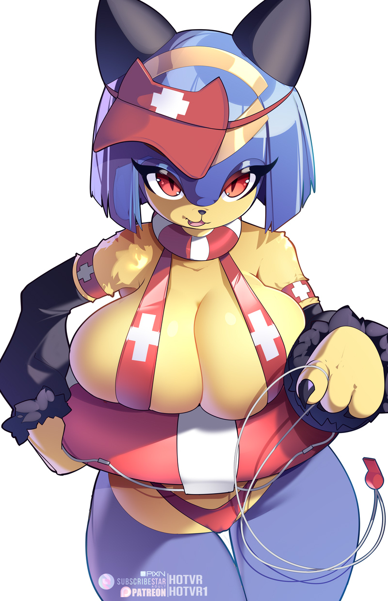 2026, 3 fingers, anthro, arm tuft, armband, artist name, big breasts, bikini, biped, black body, black claws, black ears, black fur, black nose, blue body, blue fur, blue hair, bob cut, breasts, camel toe, claws, clothed, clothed anthro, clothed female, clothing, digital drawing (artwork), digital media (artwork), english description, eyelashes, fangs, felid, female, female anthro, finger claws, fingers, fur, glistening, glistening eyes, hair, hat, headgear, headwear, hi res, holding object, holding whistle, hotvr, legs together, looking at viewer, mammal, multicolored body, multicolored fur, one-piece swimsuit, open mouth, pal (species), palworld, patreon, patreon logo, pixiv, pixiv logo, pocketpair, pool float, print armband, print bikini, print clothing, print hat, print headgear, print headwear, print swimwear, pupils, red armband, red bikini, red clothing, red eyes, red hat, red headwear, red swimwear, sekhmet (pal), short hair, simple background, sling bikini, slit pupils, solo, standing, subscribestar, subscribestar logo, swimwear, teeth, text, thigh gap, tuft, two-piece swimsuit, whistle (object), white background, wrist tuft, yellow body, yellow fur