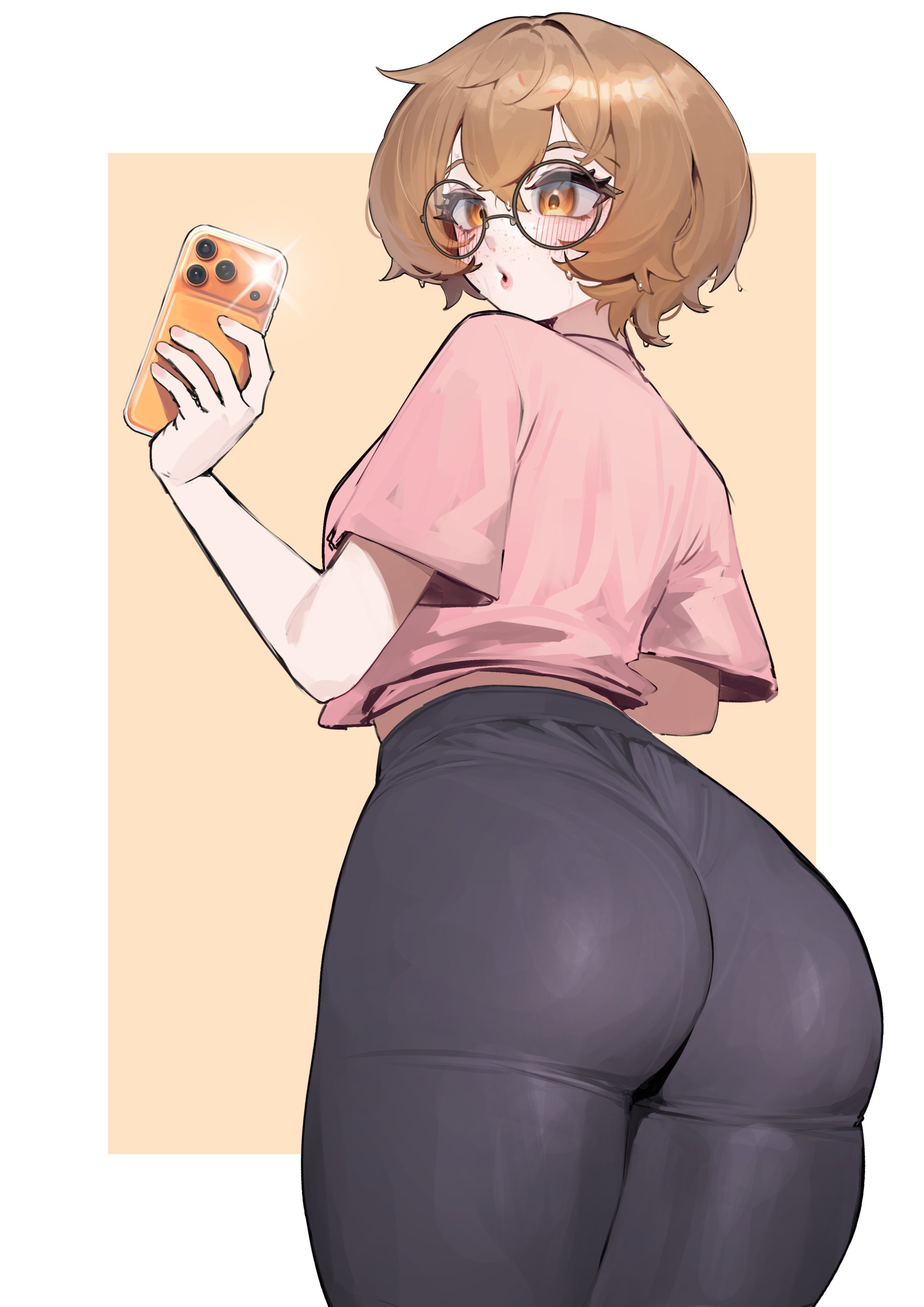1girl, 1girls, absurdres, ass, ass focus, black pants, blush, brown eyes, brown hair, butt, cellphone, clio aite, esencey, fat ass, female, freckles, glasses, hair between eyes, highres, huge ass, pants, phase connect, phone, pink shirt, round eyewear, scar, scar across eye, scar on face, shirt, short hair, smartphone, solo, teacher, thick, thick ass, thick thighs, thighs, tight clothes, tight pants, vershion, virtual youtuber, vtuber, yoga pants