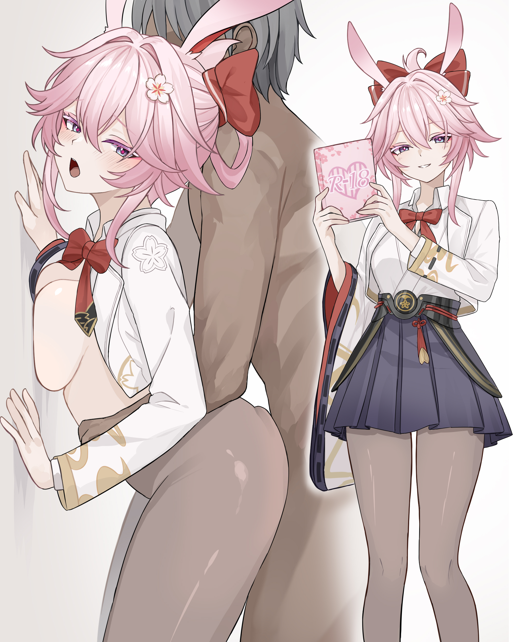 1boy, 1girl, against wall, animal ears, bow, bowtie, breast press, breasts, clothed female nude male, clothed sex, clothing, cropped jacket, dark skin, dark-skinned male, evanescia (honkai: star rail), female, flower, fox ears, grey hair, hair between eyes, hair bow, hair flower, hair ornament, hetero, holding, holding book, honkai: star rail, jacket, japanese clothes, large breasts, long sleeves, looking at viewer, medium breasts, multiple views, nude, open clothes, open mouth, pantyhose, pink eyes, pink hair, pleated skirt, purple eyes, rabbit ears, red bow, se34tai, sex, sex from behind, short hair, skirt, smile, standing, standing sex, white background, white flower, white jacket