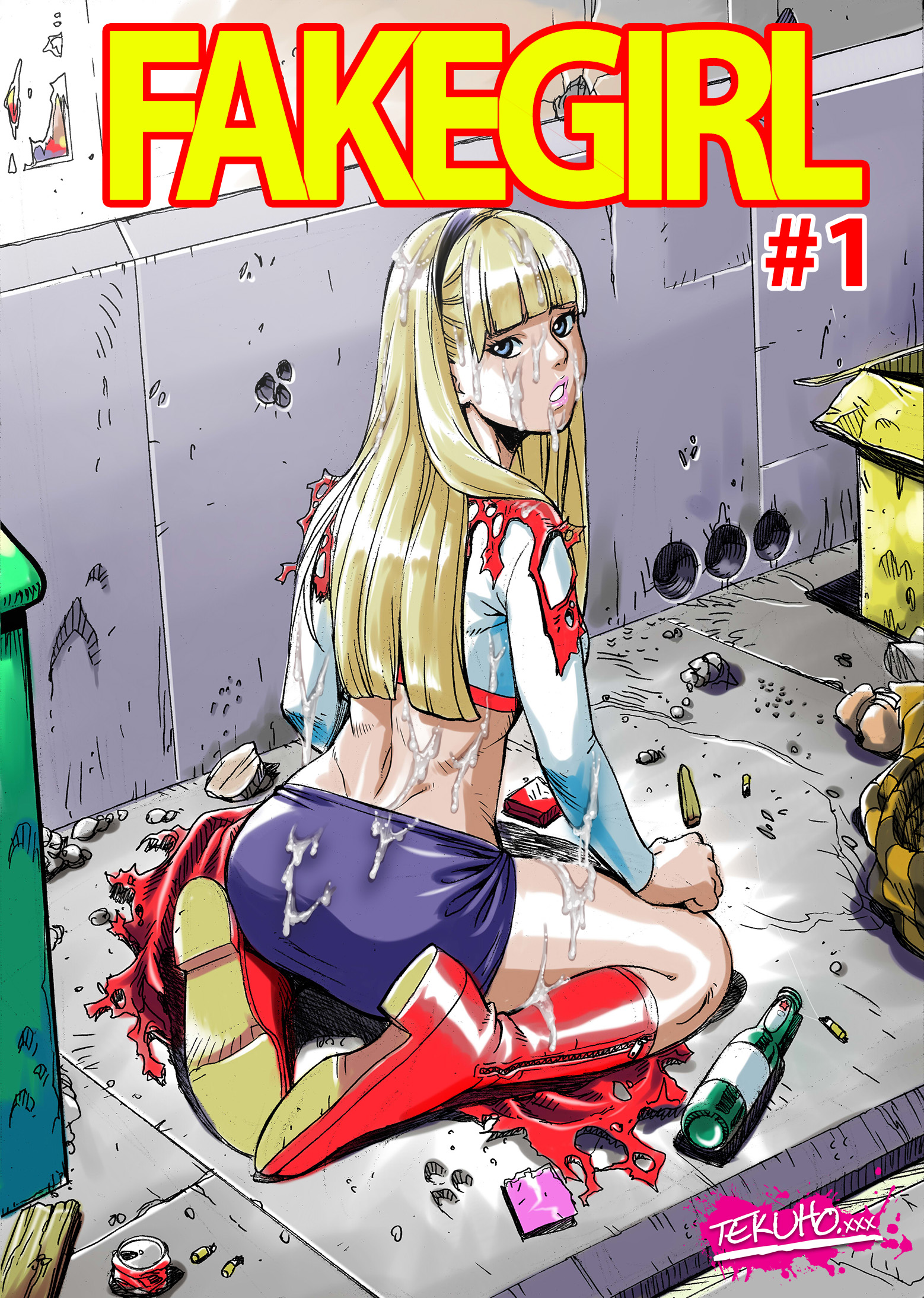 1girls, after sex, alley, ass, blonde hair, blue eyes, boots, cape, comic, cover, cover page, cum, cum on clothes, cum on hair, cum on legs, cum on lower body, cum on upper body, dc, dc comics, facial, female, female only, highres, kara zor-el, long hair, shoes, skirt, solo, supergirl, superman (series), tagme, tekuho, torn clothes