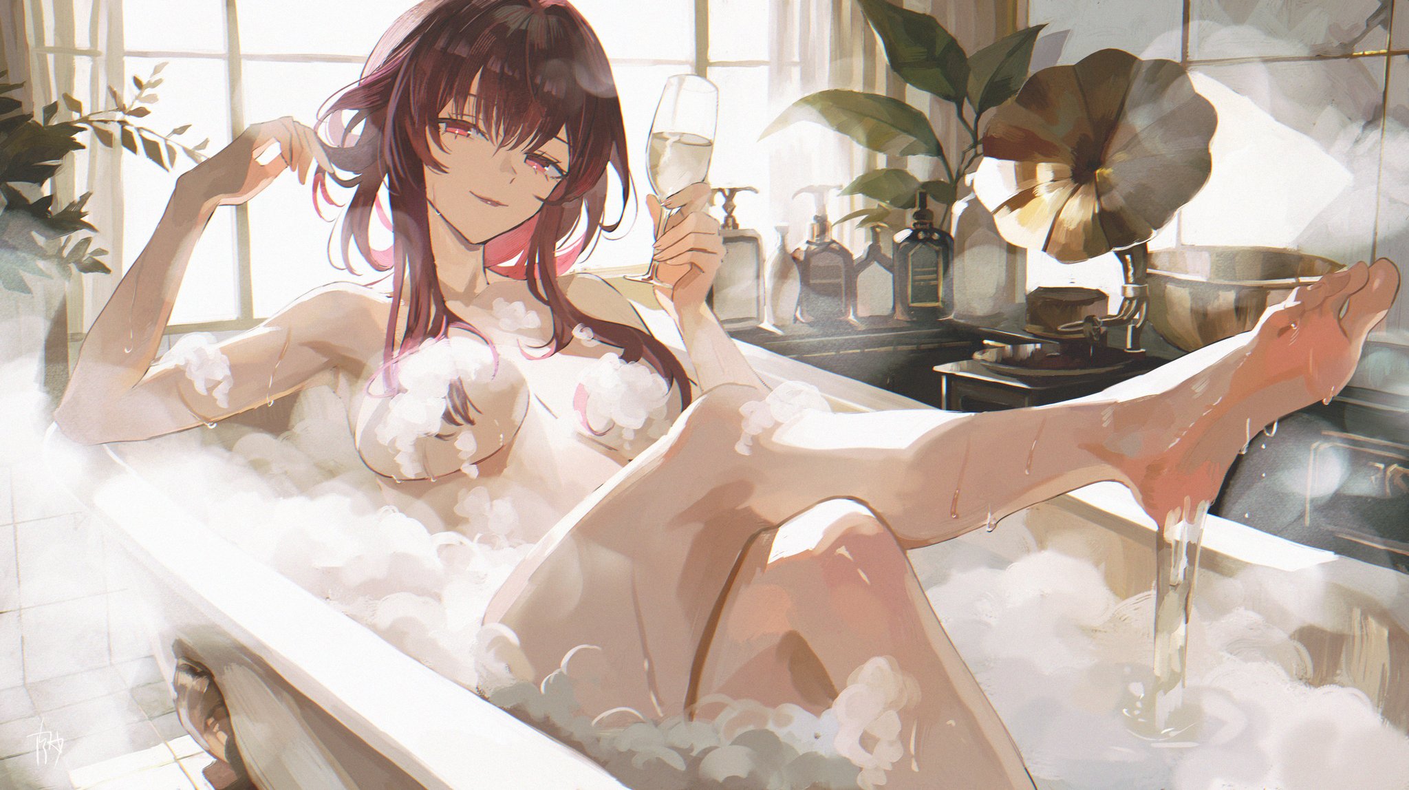1girls, artist request, barefoot, bath, bathing, bathtub, bedroom eyes, breasts, convenient censoring, feet, female, honkai: star rail, hoyoverse, kafka (honkai: star rail), legs, looking at viewer, looking seductive, nude, purple hair, seductive, seductive eyes, seductive look, seductive smile, soap, soap bubbles, soap censor, solo, water, wine, wine glass