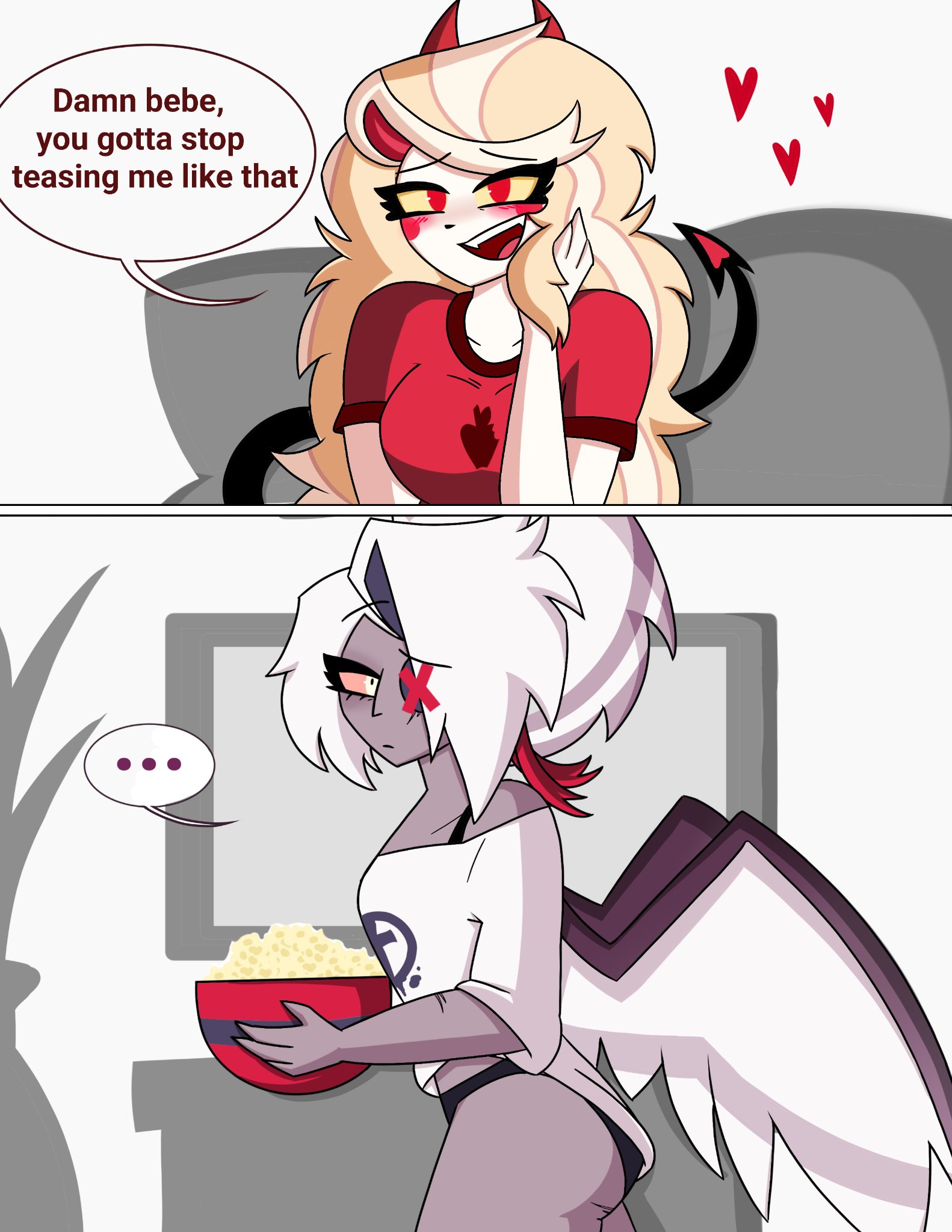 2girls, angel wings, canon couple, charlie morningstar (hazbin hotel), comic, demon, demon girl, english text, female only, grey body, hazbin hotel, hearts, hellaverse, horns, long hair, open mouth, red clothing, red eyes, tagme, tail, the titan draw, vaggi (hazbin hotel), vaggie (hazbin hotel), very long hair, white body, white clothing, white hair, wings, yuri