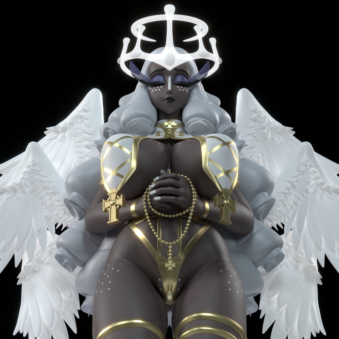 3d angel angel_wings breast_curtains christian_cross closed_eyes covered_nipples dark_skin freckles generalbuta high_heels kneeling sera_(hazbin_hotel)