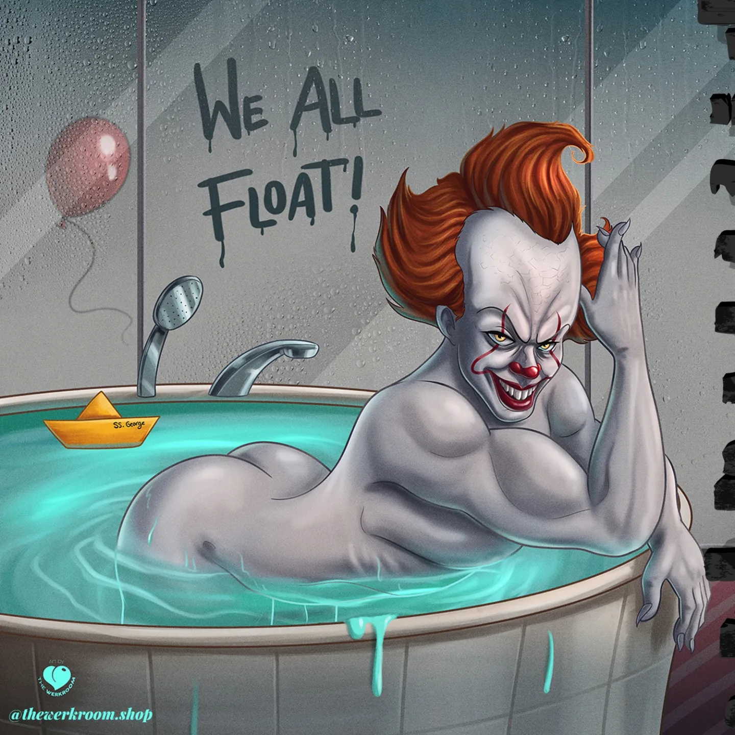 1boy, ass, bara, barazoku, bathtub, bent over, butt, it, it (stephen king), looking at viewer, male, meme, muscle, muscles, muscular, muscular male, nude, pennywise, seductive, solo, stephen king, the werkroom, water, we all float, wet, what