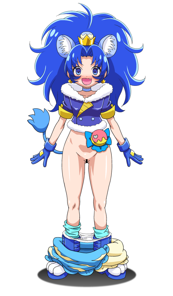 animal_ears blue_choker blue_eyes blue_gloves blue_hair censored choker clothing cure_gelato earrings extra_ears female gloves jewelry kirakira_precure_a_la_mode kousaka_jun lion_ears lion_tail long_hair looking_at_viewer magical_girl open_mouth panties panties_around_ankles precure pretty_cure solo tail tategami_aoi underwear wardrobe_malfunction white_panties