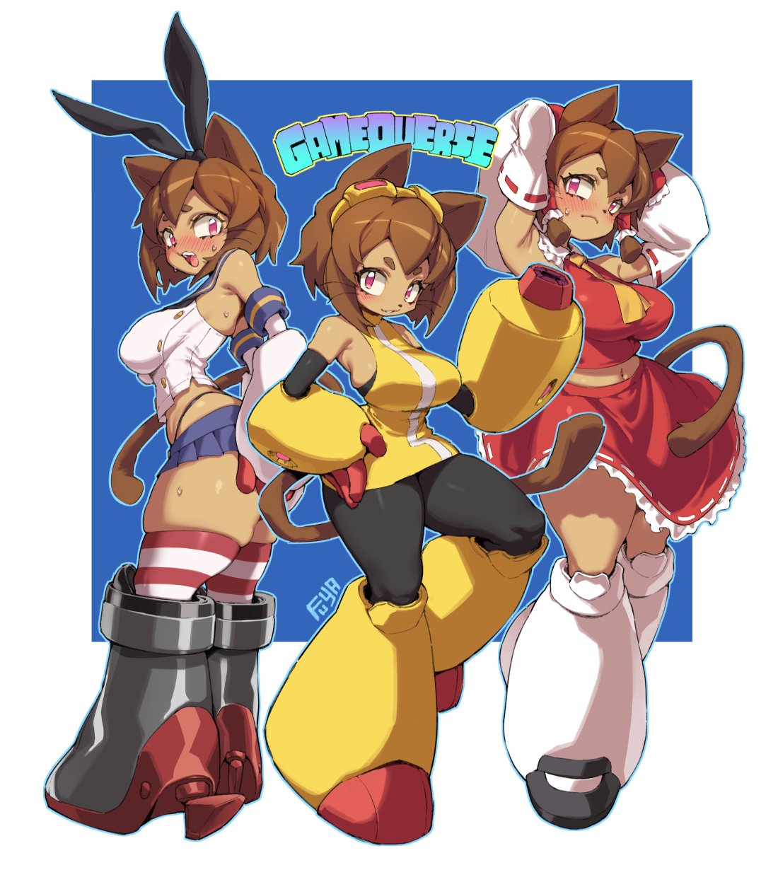 1girl, 2d, absurdres, anime, anthro, anthropomorphic, ass, beach, big breasts, bikini bottom, blush, breasts, brown hair, cat ears, cat girl, cat tail, cleavage, cosplay, female, furry, fuya (tempupupu), gameoverse, gloves, highres, kit (gameoverse), kit bodega, large breasts, looking at viewer, navel, reimu hakurei (cosplay), sexy, shimakaze (kantai collection) (cosplay), sideboob, solo, standing, tail raised, thick thighs, wide hips, wristband, yellow eyes