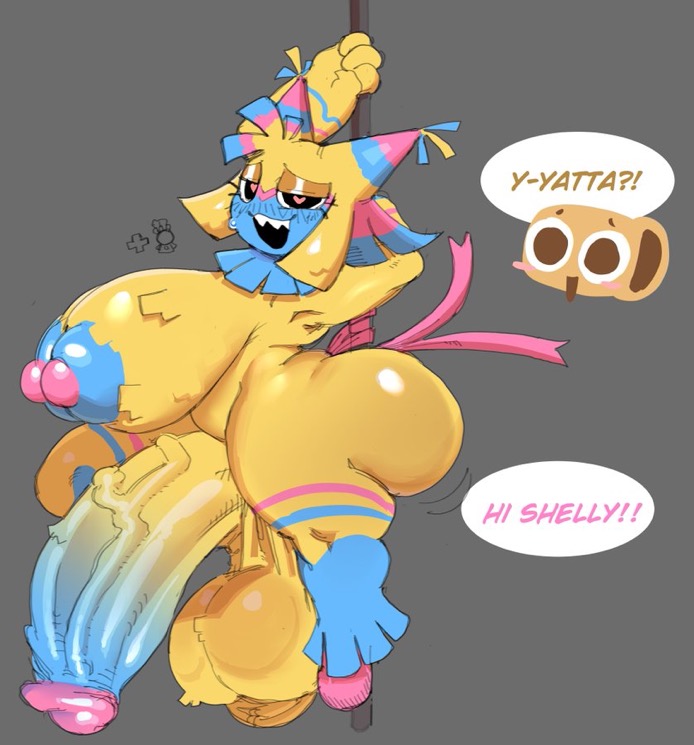 big ass, big breasts, blush, cofficremer, dandy's world, female, futa on female, futanari, heart-shaped pupils, pole, shelly (dandy's world), yatta (dandy's world)