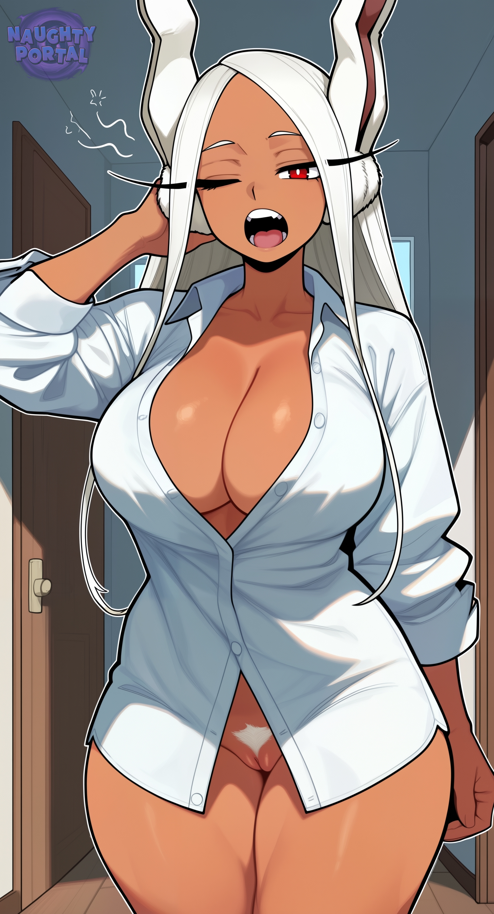 1girl, ai generated, big breasts, boku no hero academia, boku no hero academia (finale), breasts, busty, busty female, cleavage, dark skin, dark-skinned female, eye closed, fanart, female, female focus, female only, hallway, hand behind head, indoors, inside, jorgecarlosai, long hair, mirko, miruko, muscular, muscular female, muscular thighs, my hero academia, my hero academia (finale), naked, naked female, no bra, no panties, no underwear, nude, nude female, open mouth, pantyless, pubic hair, pubic hair peek, pussy, pussy peek, quirk (mha), quirked human (my hero academia), rabbit, rabbit ears, rabbit girl, rabbit humanoid, red eyes, sexy, sexy body, sexy female, shirt only, sleepy, standing, teeth, thighs, toned, toned female, unbuttoned, unbuttoned shirt, walking, watermark, white hair, white pubic hair, white shirt, yawn, yawning