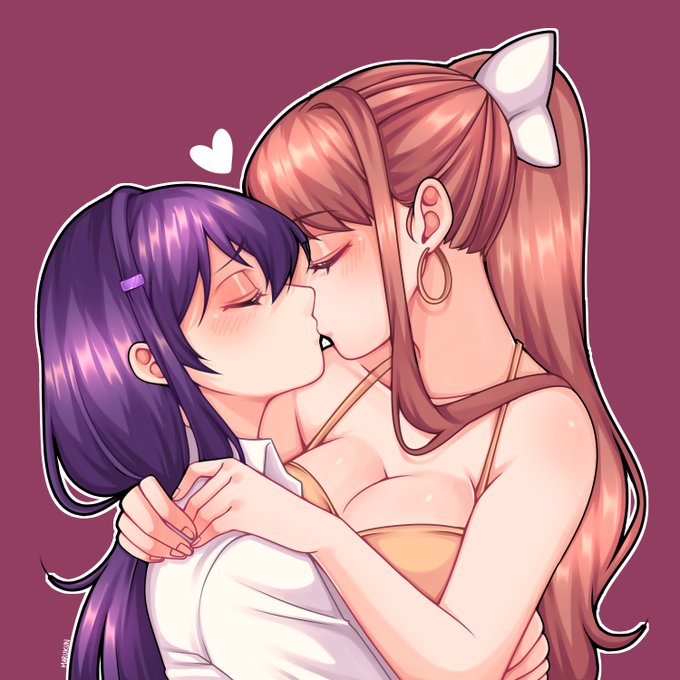 2024 2female 2females 2girls big_breasts blush blush_lines blushing blushing_female breasts brown_hair closed_eyes couple ddlc doki_doki_literature_club earrings ears female female_focus female_only girlfriends hands_on_shoulders human human_only kiss kiss_on_lips kissing lesbian lesbian_couple lesbian_focus lesbian_kiss lesbians light-skinned_female light_skin long_hair marukunart monika_(doki_doki_literature_club) nails nose presenting pressed_against pressing_breasts pressing_breasts_together purple_hair team_salvato video_game video_game_character video_games visual_novel yuri yuri_(doki_doki_literature_club)