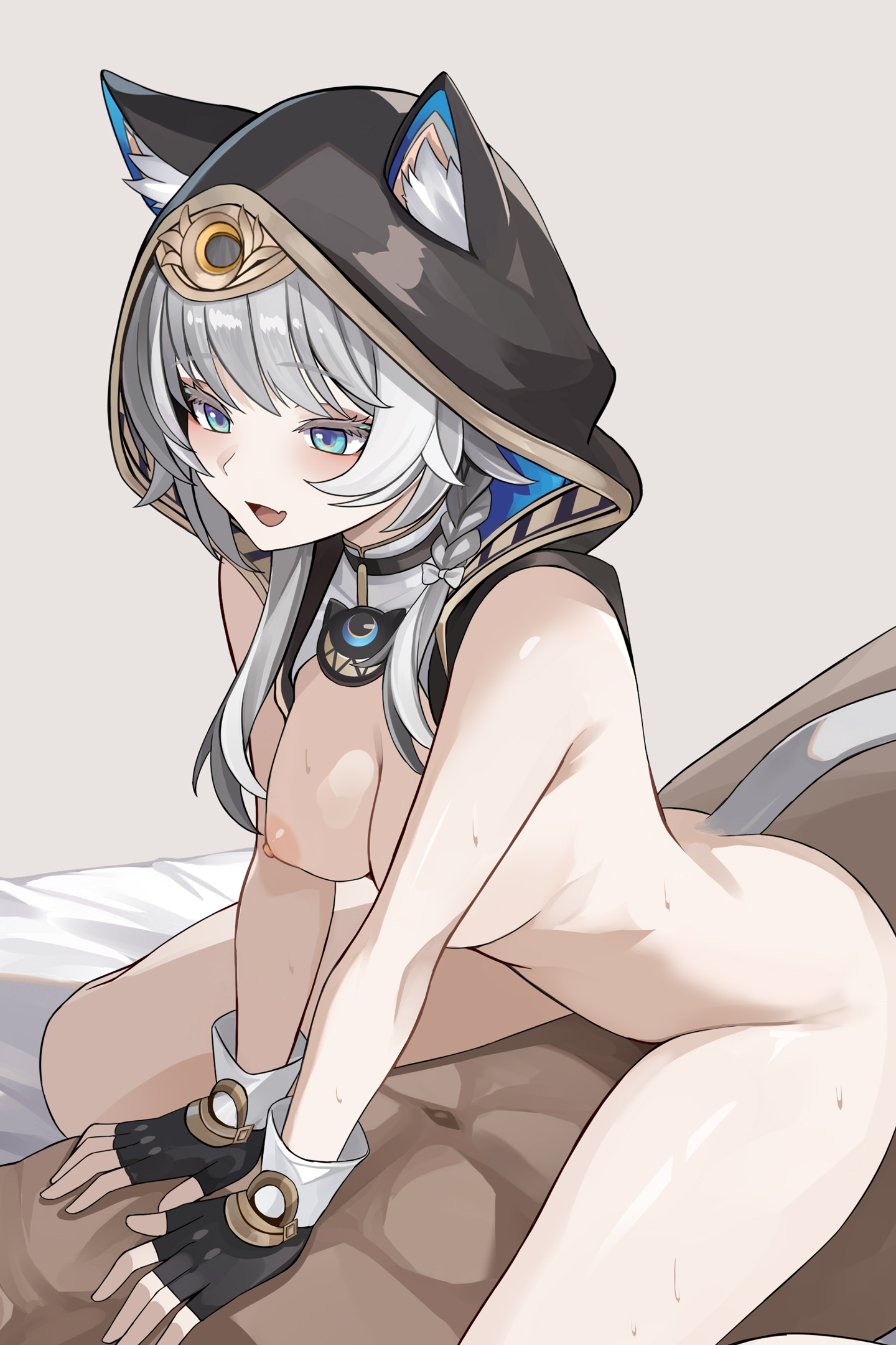 1boy, 1girl, animal ear fluff, animal ears, animal hood, animal tail, assertive female, black gloves, blue eyes, blush, braid, breasts, cat ears, cat girl, cat hood, cat tail, cipher (honkai: star rail), clothing, cowgirl position, dark skin, dark-skinned male, detached collar, fang, female, fingerless gloves, girl on top, gloves, grey background, grey hair, hetero, honkai: star rail, hood, hood up, large breasts, long hair, male, medium breasts, nipples, nude, open mouth, se34tai, sex, side braid, simple background, skin fang, smile, solo focus, straddling, sweat, tail, vaginal
