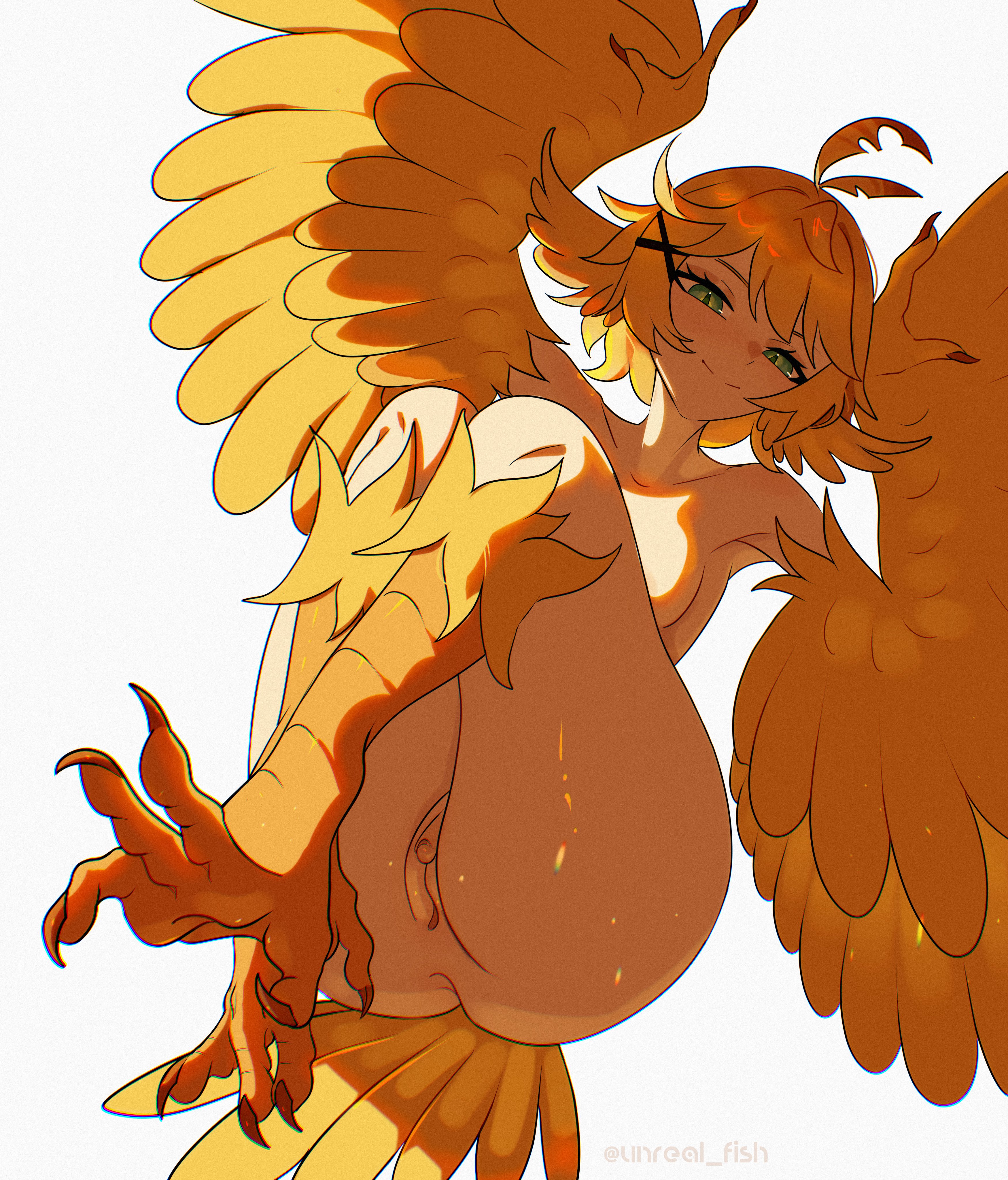 1girls, ahoge, anus, bird legs, bird tail, blonde hair, blush, breasts, clitoris, commentary, dokibird, feather hair, feathered wings, feathers, green eyes, hair ornament, harpy, harpy girl, head wings, highres, indie virtual youtuber, long hair, looking at viewer, monster girl, pussy, short hair, simple background, small breasts, smile, solo, tail, talons, unreal fish, virtual youtuber, vtuber, white background, winged arms, wings, yellow feathers, yellow wings